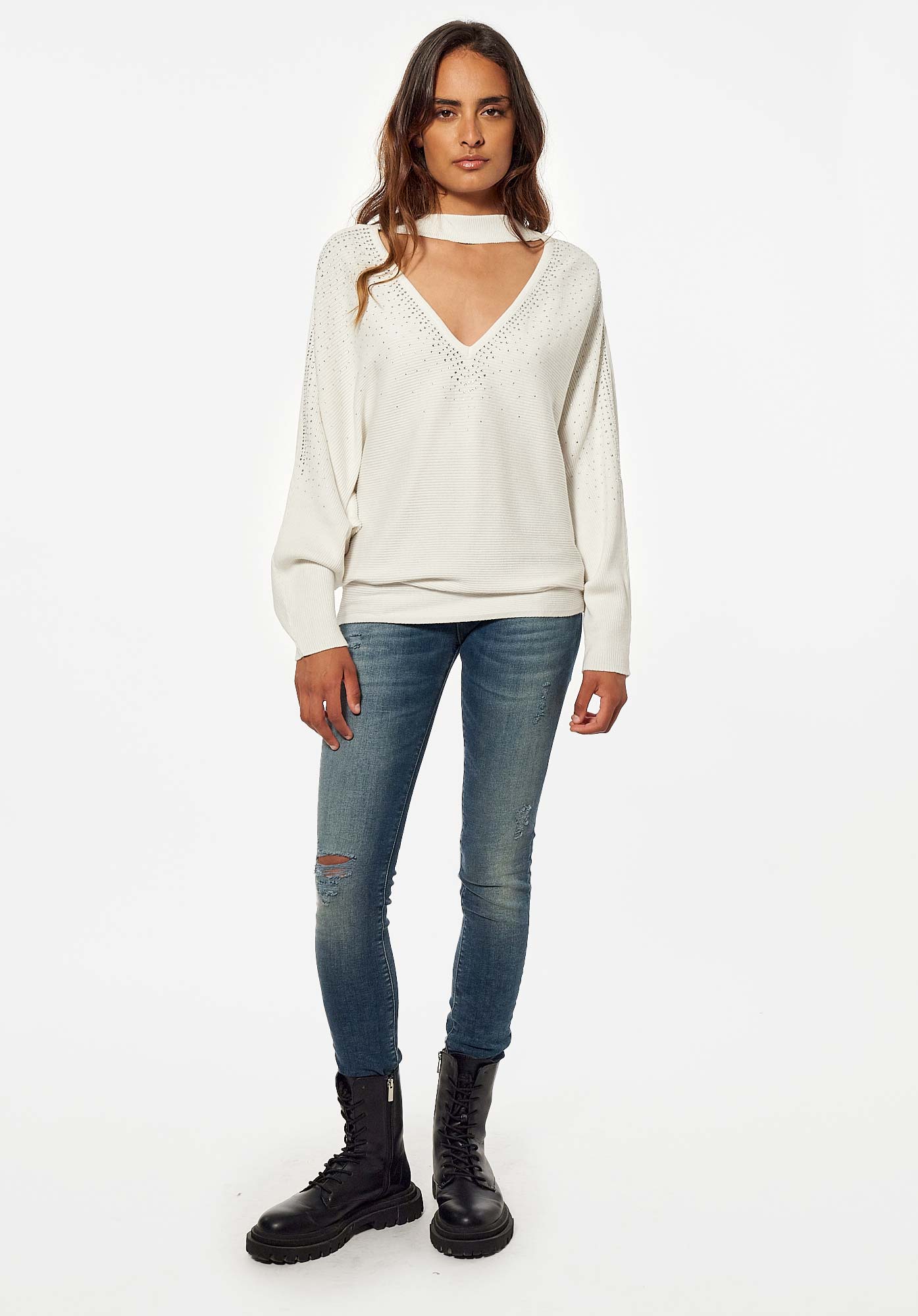 FONE   Pull blanc et strass Femme