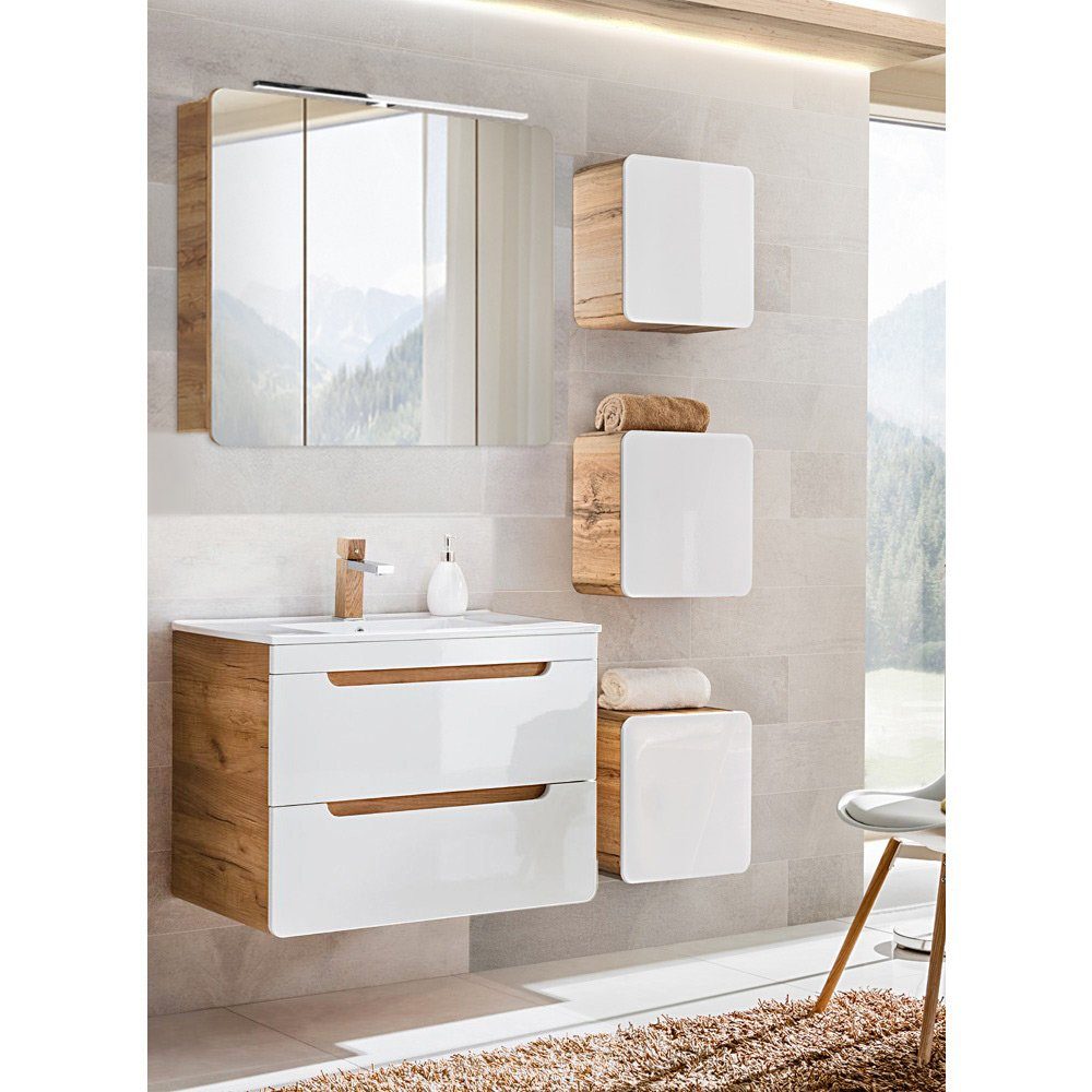 Lomadox Badmöbel-Set LUTON-56, (7-St), weiß mit Wotan Eiche Nb. mit LED-Spiegelschrank 130/200/46 cm