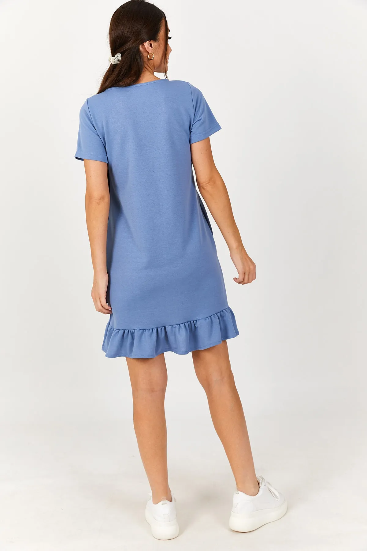 armonika  Damenkleid in Eisblau mit kurzen Ärmeln und sechs Rüschen ARM-20Y001032
