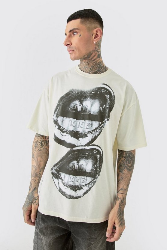 Tall Oversize T-Shirt mit Metallic Homme Lippen Print