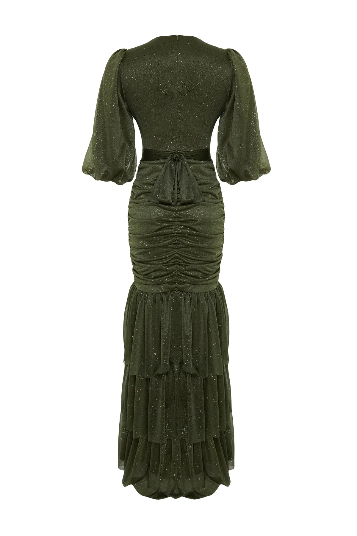 Trendyol Modest  Khakifarbenes, langes, silbernes Abendkleid mit Rüschen und Details TCTSS24DB00039