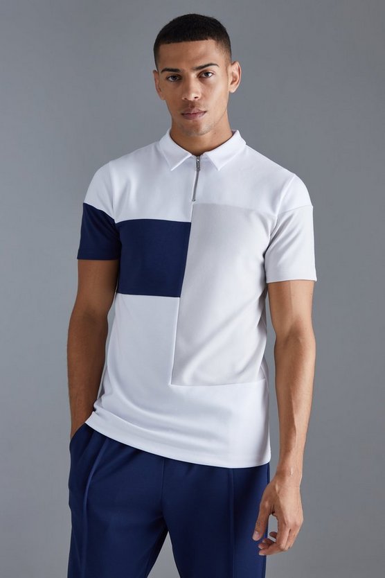 Kurzärmliges Slim-Fit Colorblock Poloshirt mit 1/4 Reißverschluss