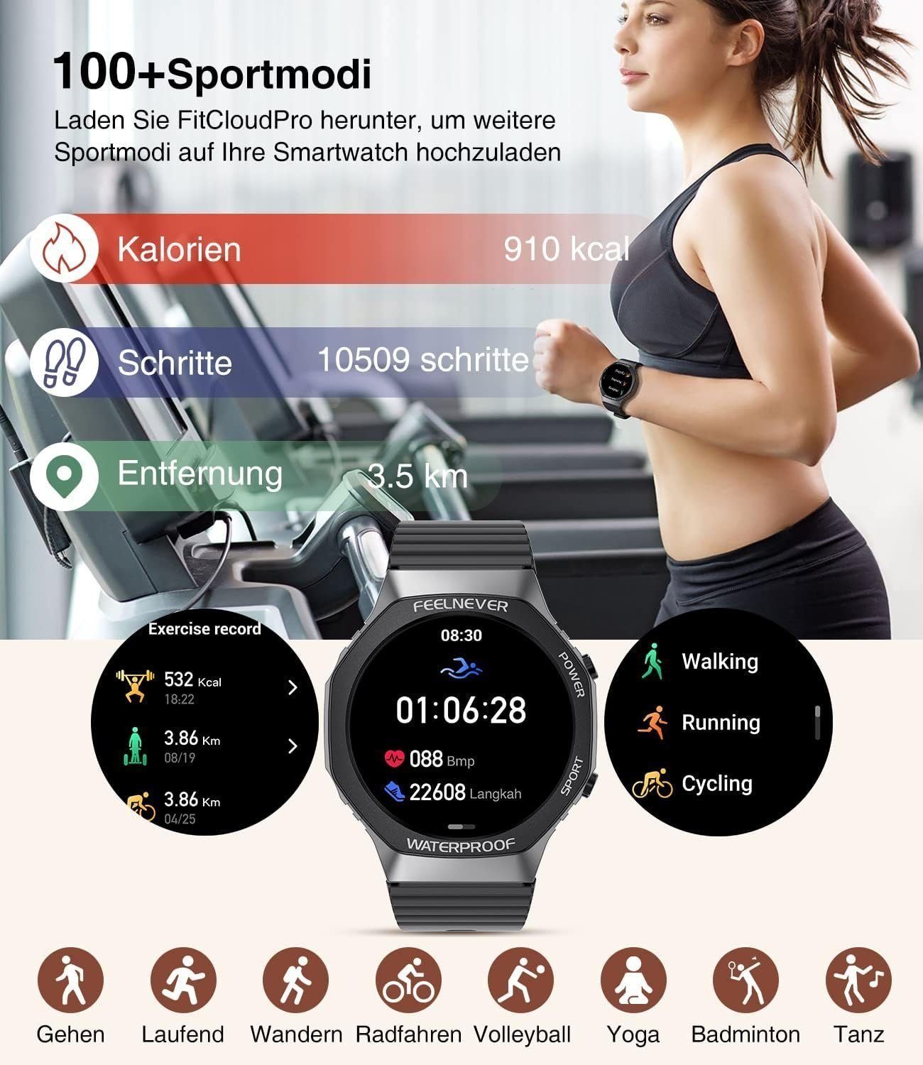 Mutoy Smartwatch Damen Herren Fitnessuhr Fitness Tracker Smartwatch (1,32 Zoll Runde Voll Touchscreen Zoll) Telefon Uhr mit Anruffunktion,IP67 Wasserdicht Fitness Uhr, mit Pulsmesser Schrittzähler Schlafmonitor, Sportuhr, Aktivitätstracker, Uhren Wat