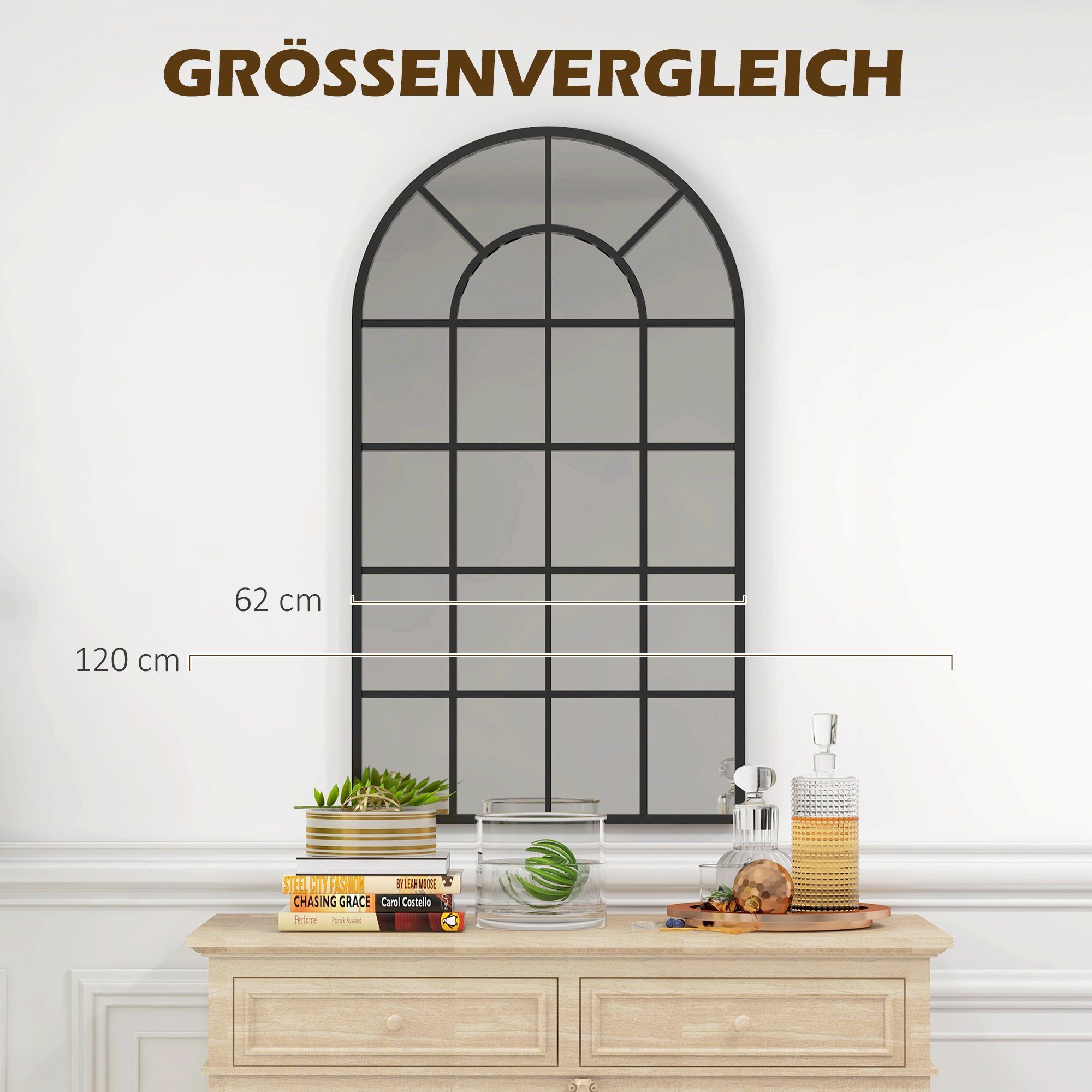 HOMCOM Wandspiegel Badspiegel, Bogenfenster-Spiegel (Fensteroptik, 1-St., Dekospiegel), Mit mehrschichtigem Design