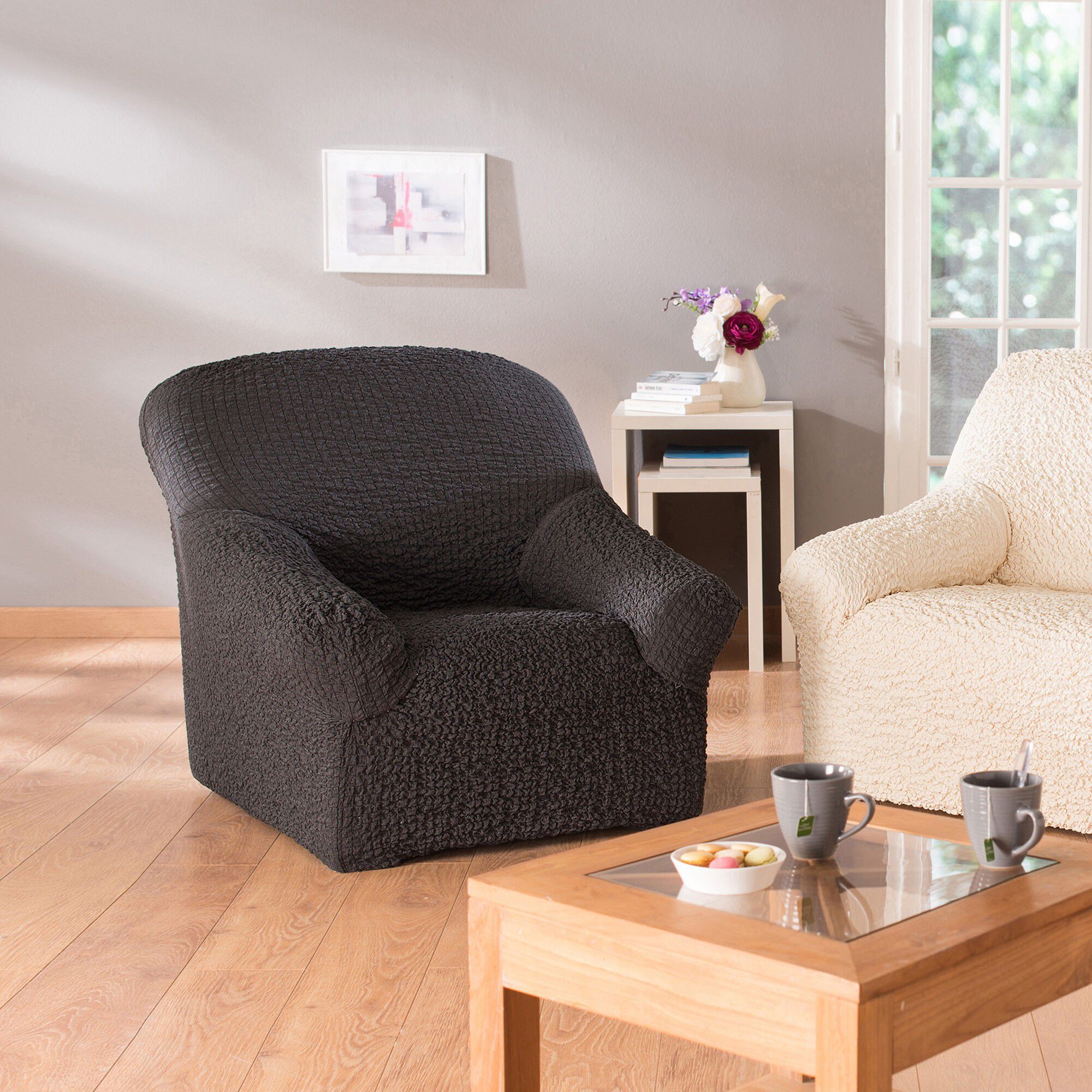 Housse gaufrée bi-extensible canapé fauteuil accoudoirs