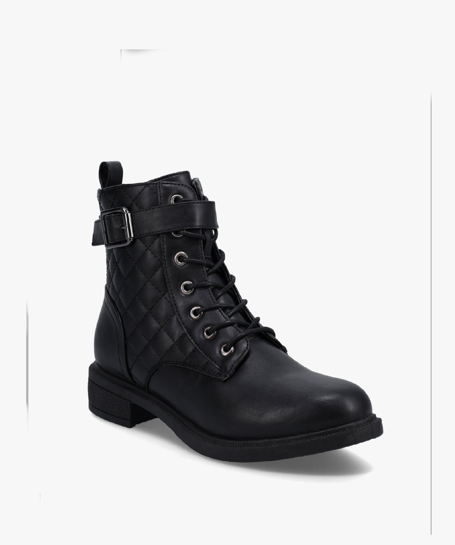 Boots femme matelassées à talon plat style rangers noir | GEMO