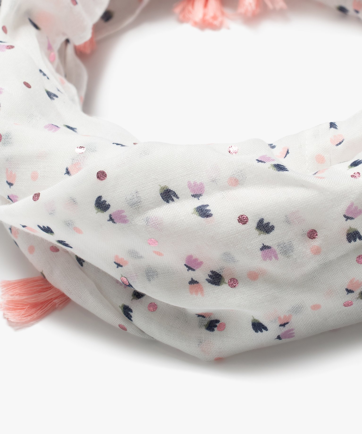 Foulard snood à fleurs, pois brillants et pompons fille blanc | GEMO