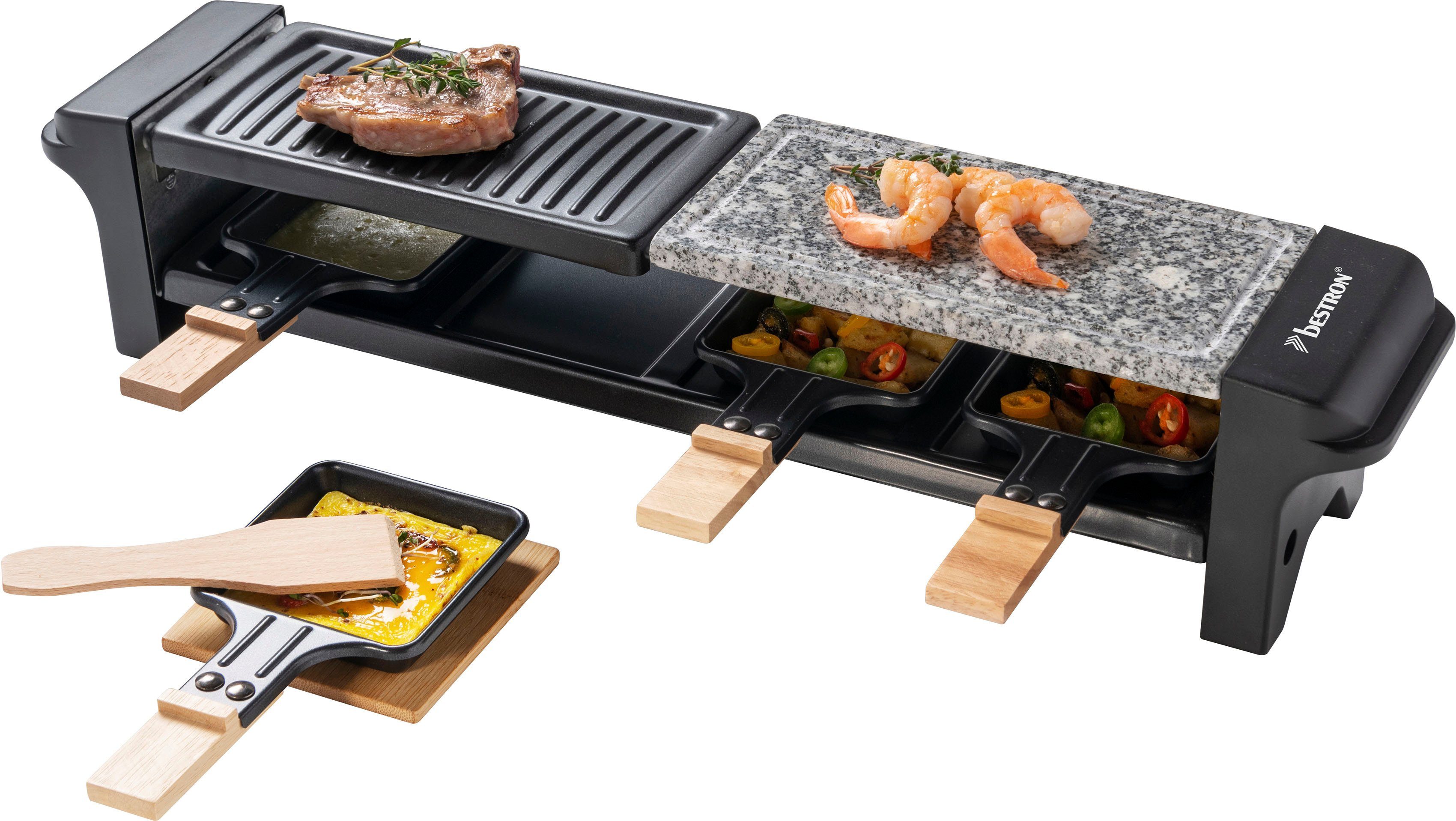 bestron Raclette Grill für 4 Personen, 4 Raclettepfännchen, 650 W, mit 4 Pfännchen, 4 Holzschaber & 4 Untersetzern