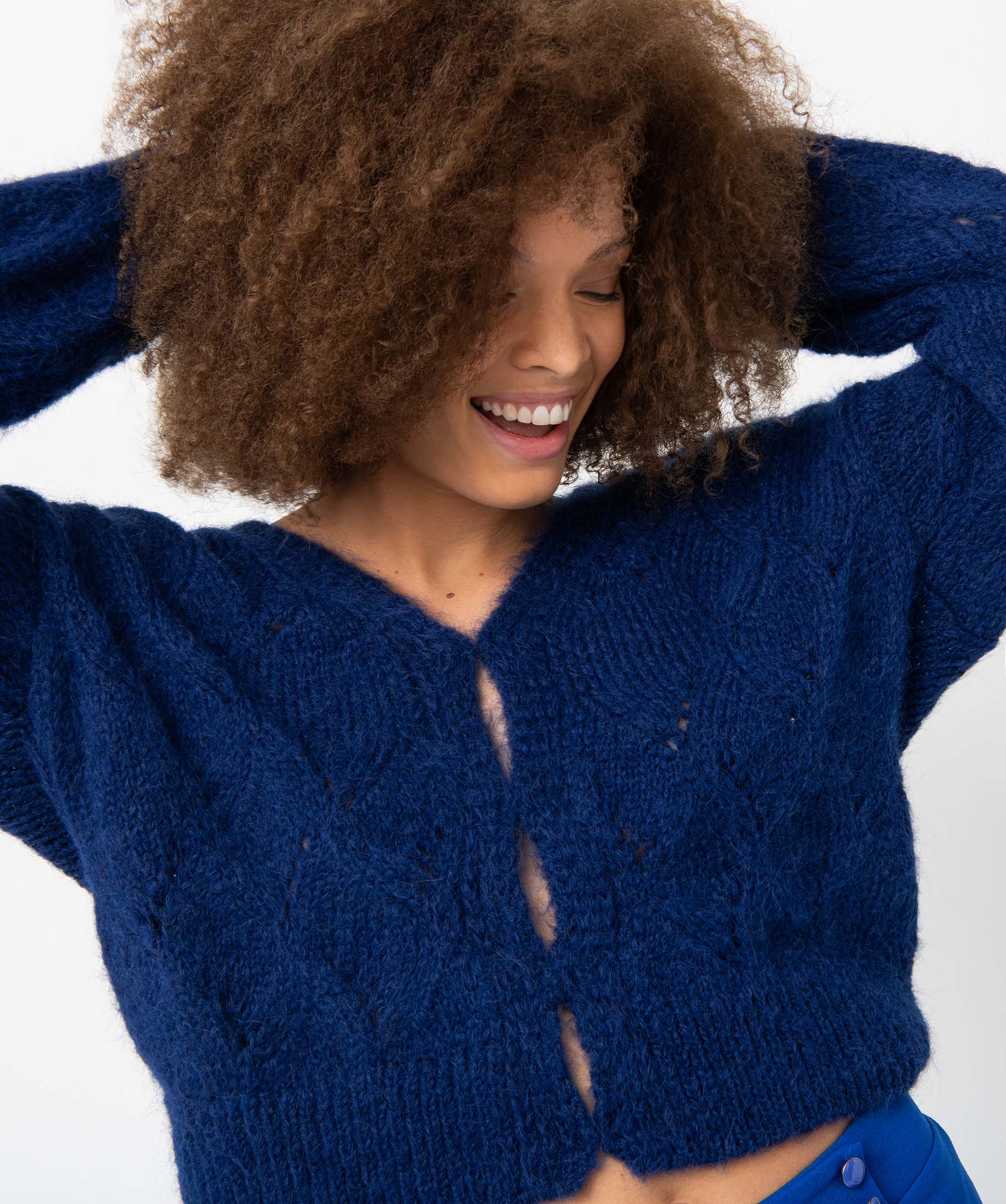 Gilet femme en maille fantaisie ajourée bleu | GEMO