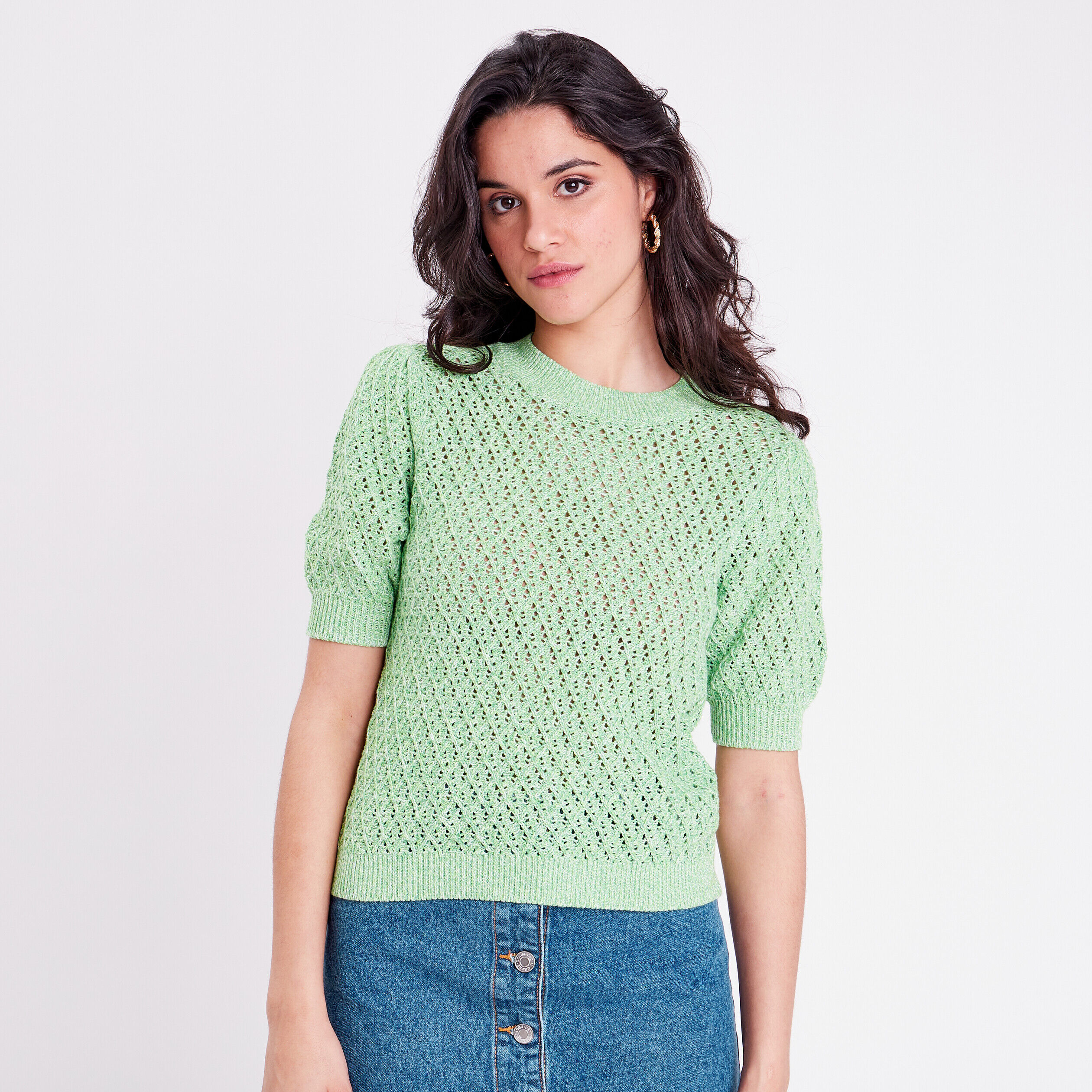 Pull manches courtes ajouré vert clair femme | Cache Cache