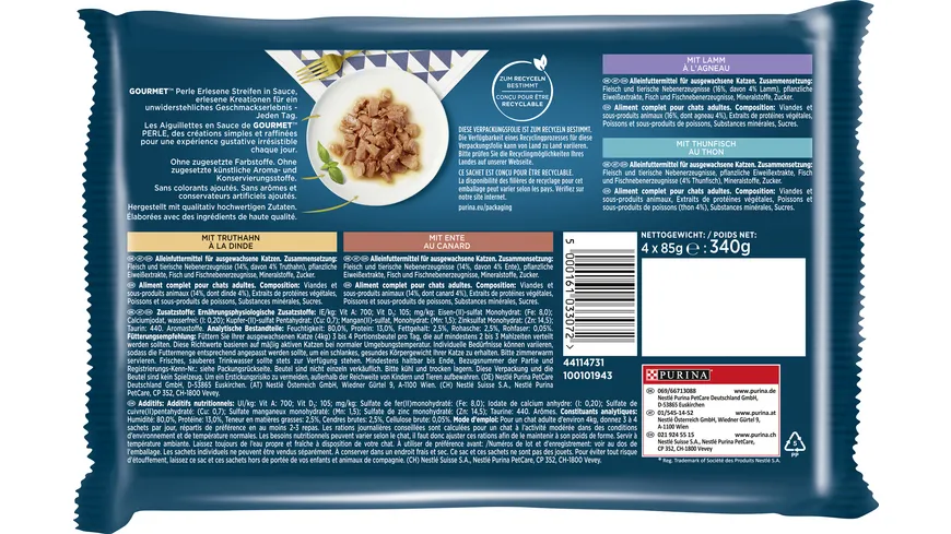 PURINA GOURMET Perle Erlesene Streifen in Sauce mit Truthahn/Lamm/Ente/Thunfisch 340 g