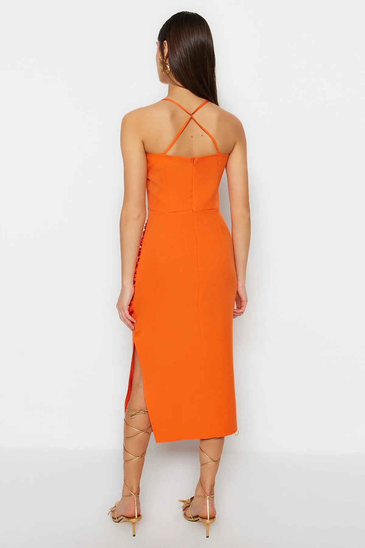 Trendyol Collection  Orange drapiertes, detailliertes Midi-Elegantes Abendkleid TPRSS23EL00543