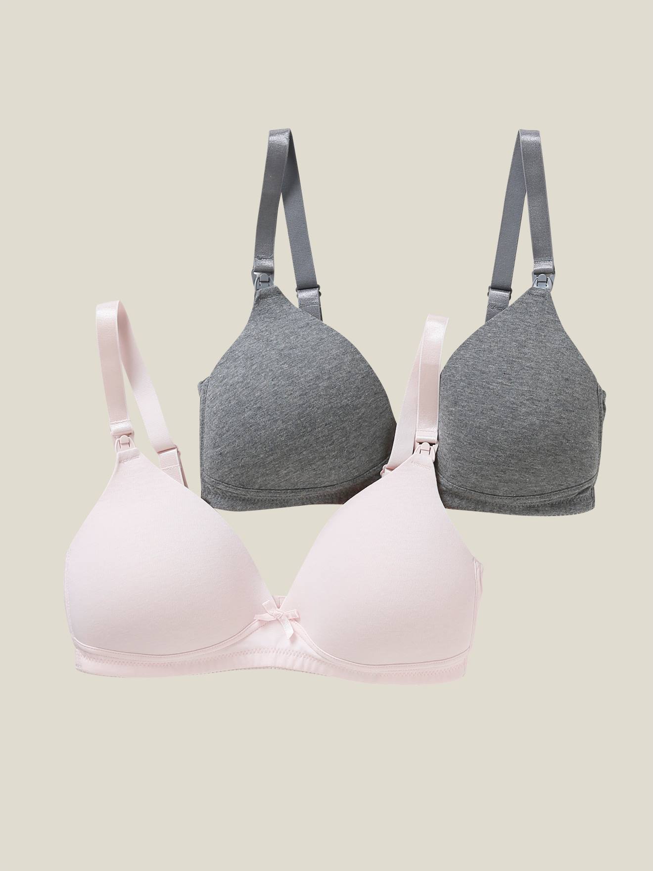 2 soutiens-gorge grossesse et allaitement rembourré en coton bio lot gris chine + rose chine