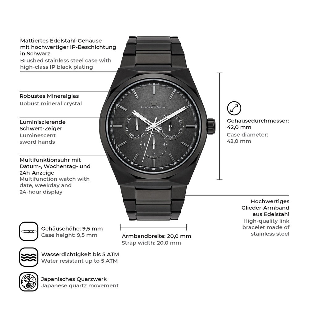 Rhodenwald & Söhne Multifonctions Cooledge en Acier inoxydable en Noir Montre
