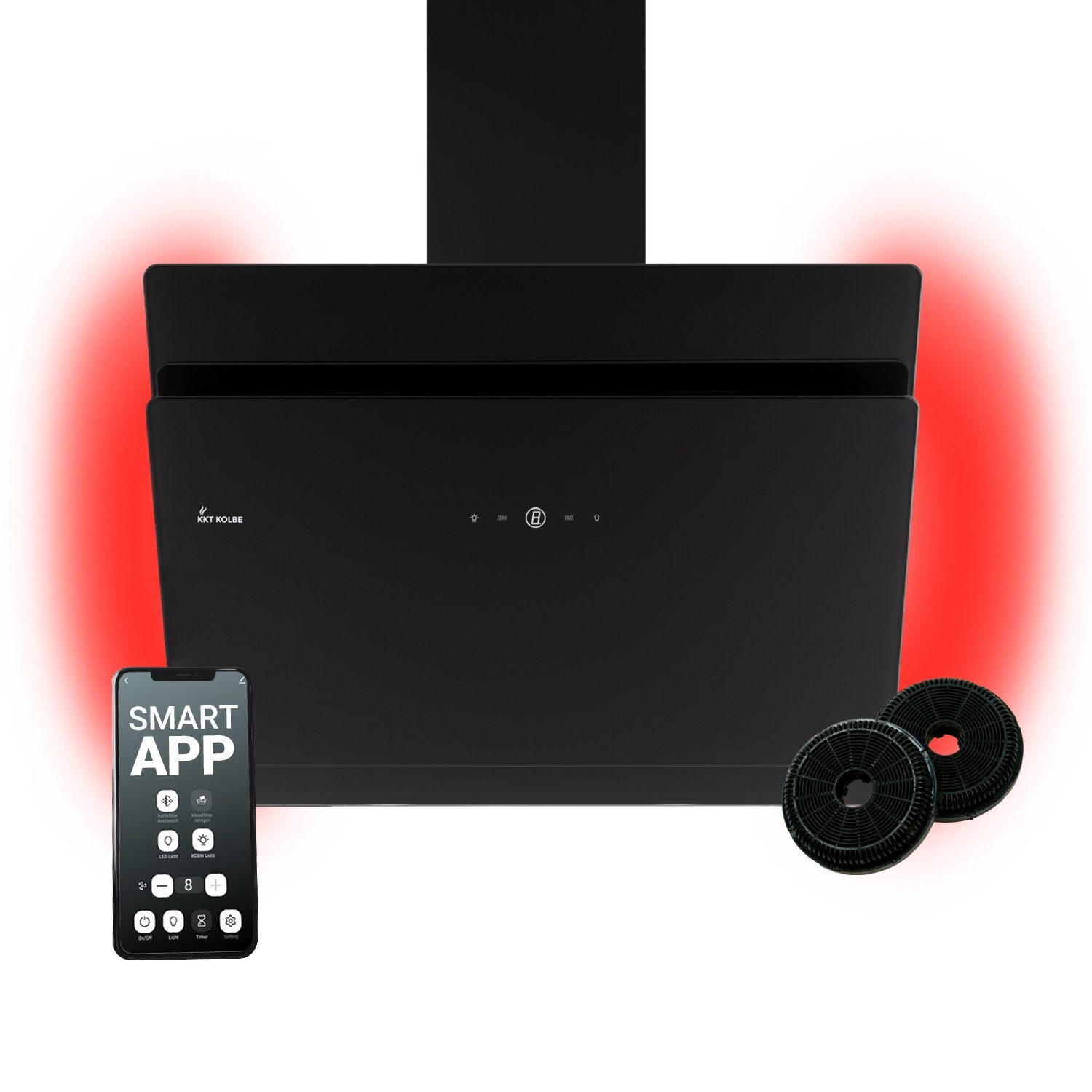 KKT KOLBE Wandhaube Dunstabzugshaube 80cm SOLO809SHCM RGBW Ambientebeleuchtung, Kopffreihaube / 80cm / Smarte WiFi-App / Schwarz / Glas / Leise