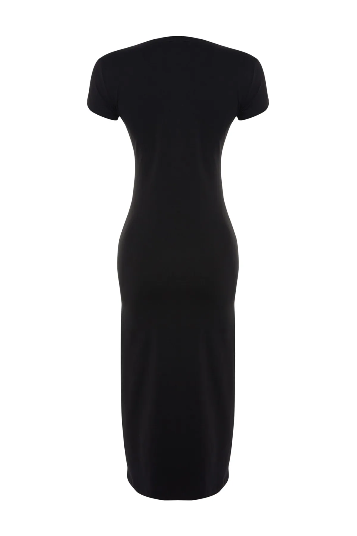 Trendyol Collection  Schwarzes tailliertes/körperbetontes Midikleid aus flexiblem Baumwollstrick mit Raffung und Schlitzdetail TWOSS23EL00777