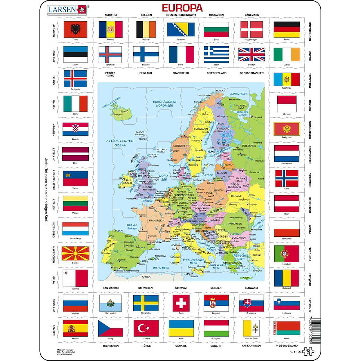 Rahmen-Puzzle, 70 Teile, 36x28 cm, Europa Länder & Flaggen