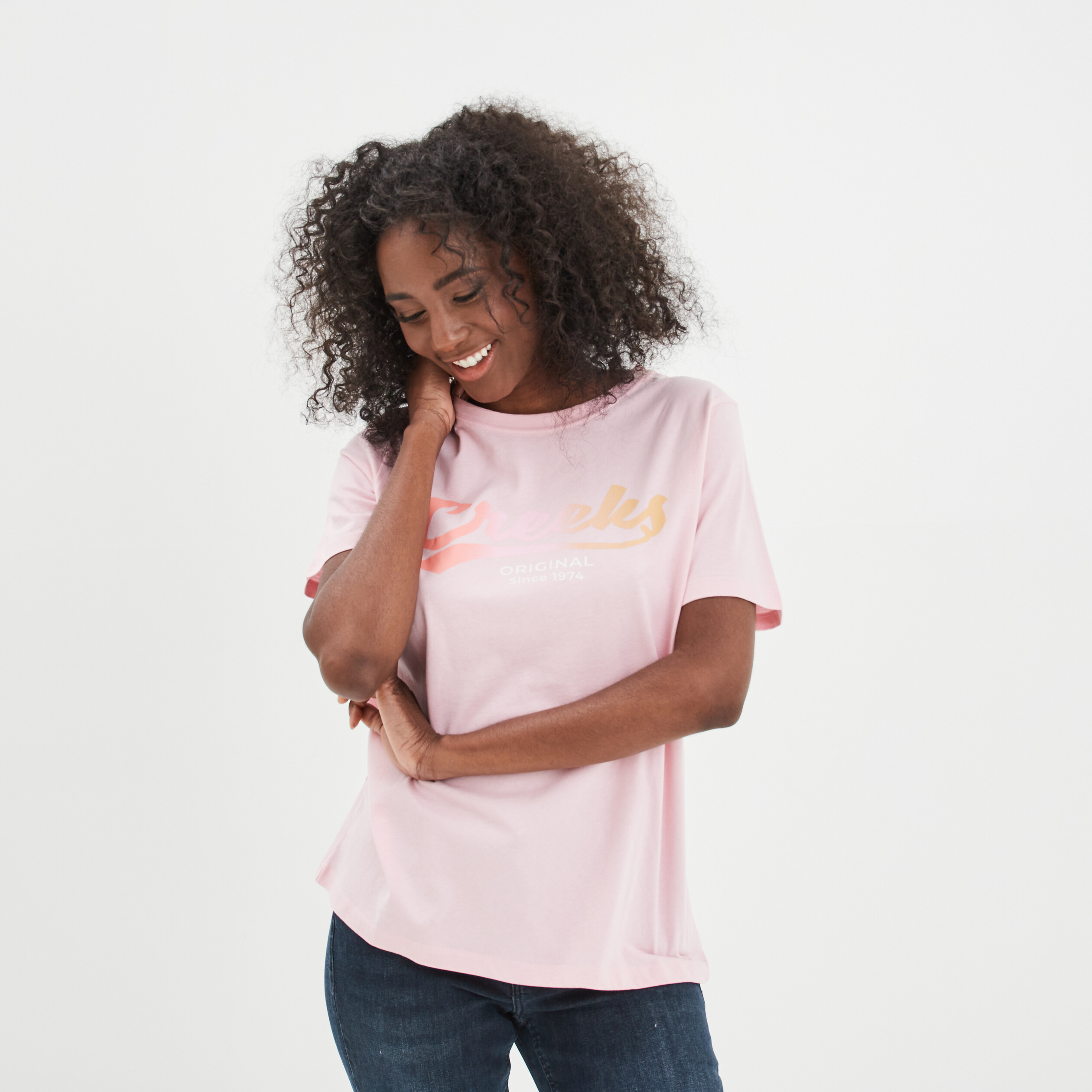 T-shirt oversize col rond coton Creeks rose clair femme | La Halle