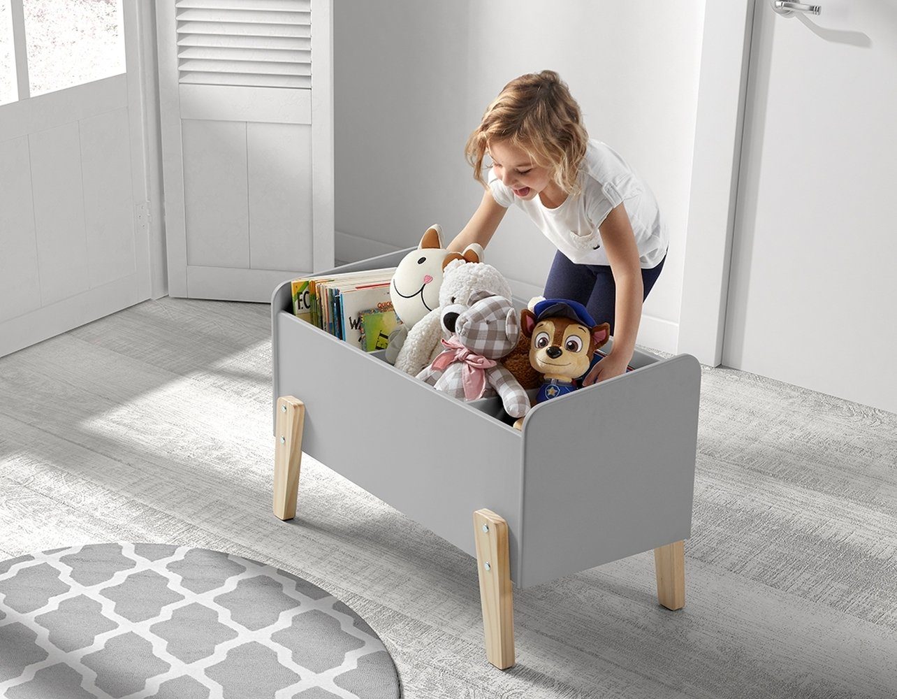 möbelando Spielzeugtruhe KIDDY, aus Massiv Kiefer und MDF in hellgrau. Abmessungen (BxHxT) 80x48x39 cm