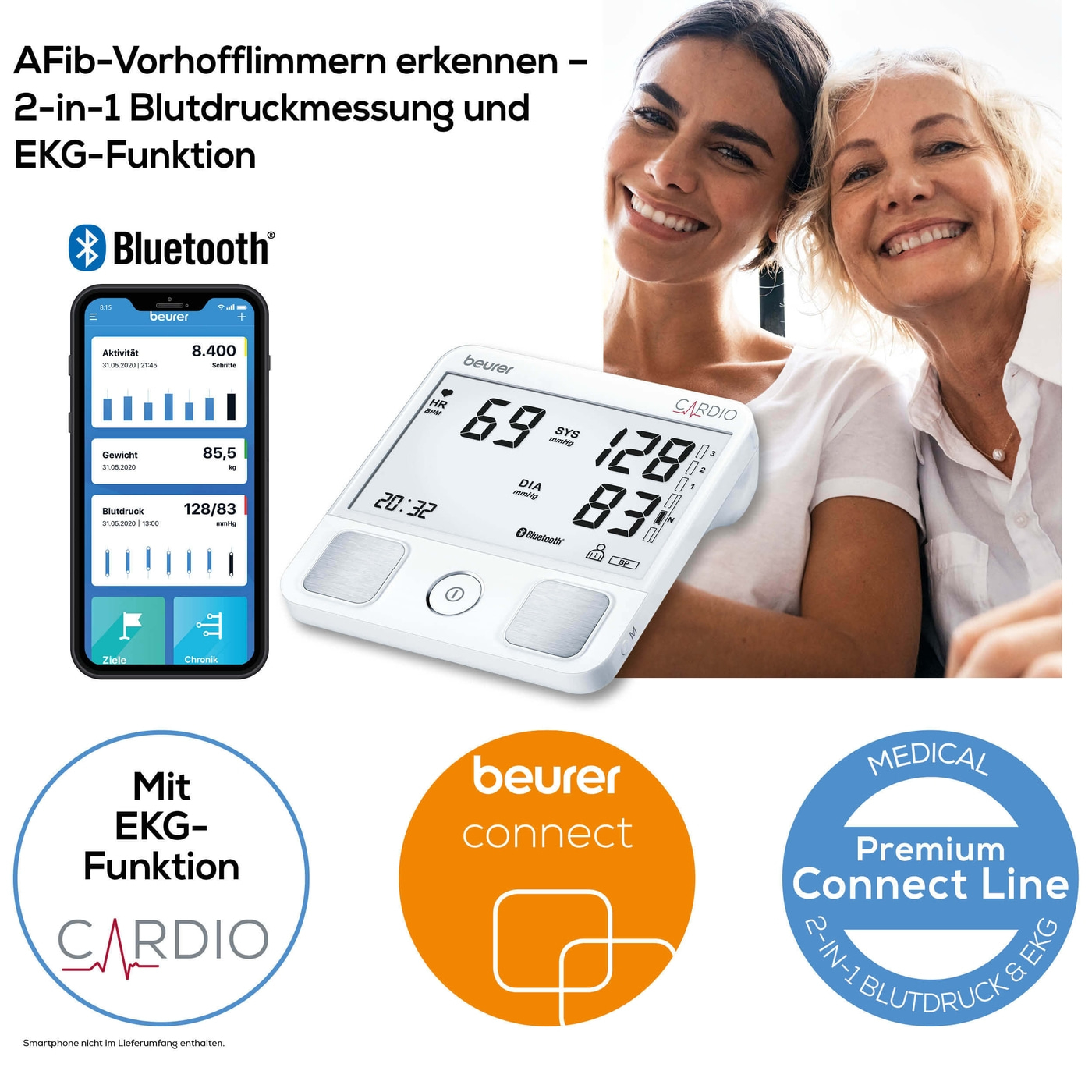 Beurer Oberarm-Blutdruckmessgerät BM 93 mit EKG Funktion-Bluetooth® Oberarm-Blutdruckmessgerät mit Risiko-Indikator & EKG-Fingersensor