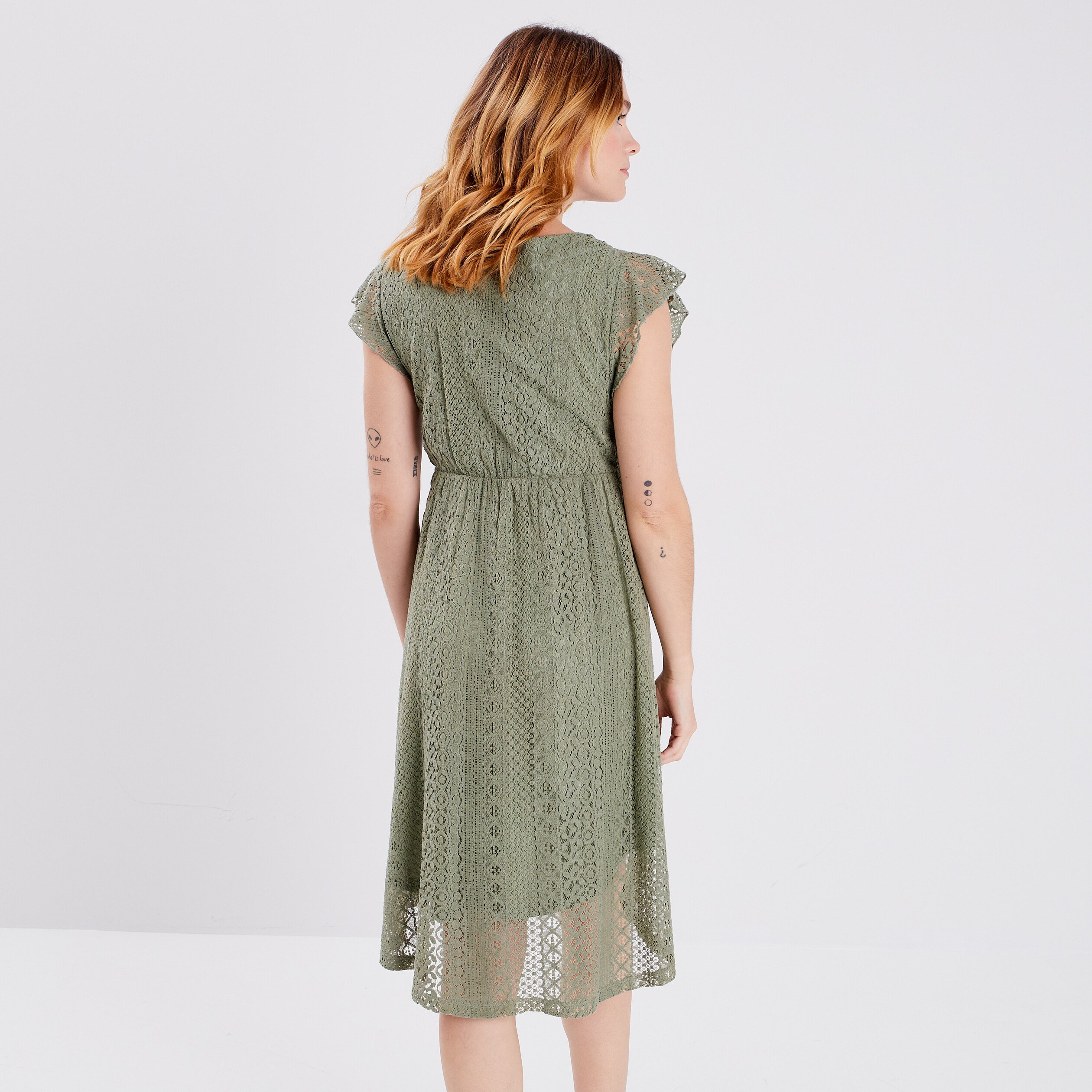 Robe évasée en dentelle vert kaki femme | La Halle