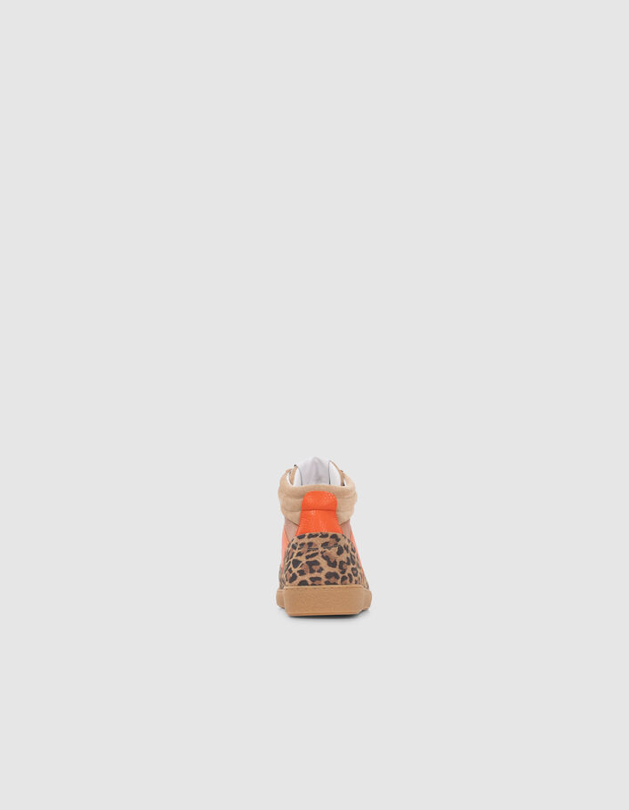 Sneakers beige, orange et motif léopard mix cuir Femme