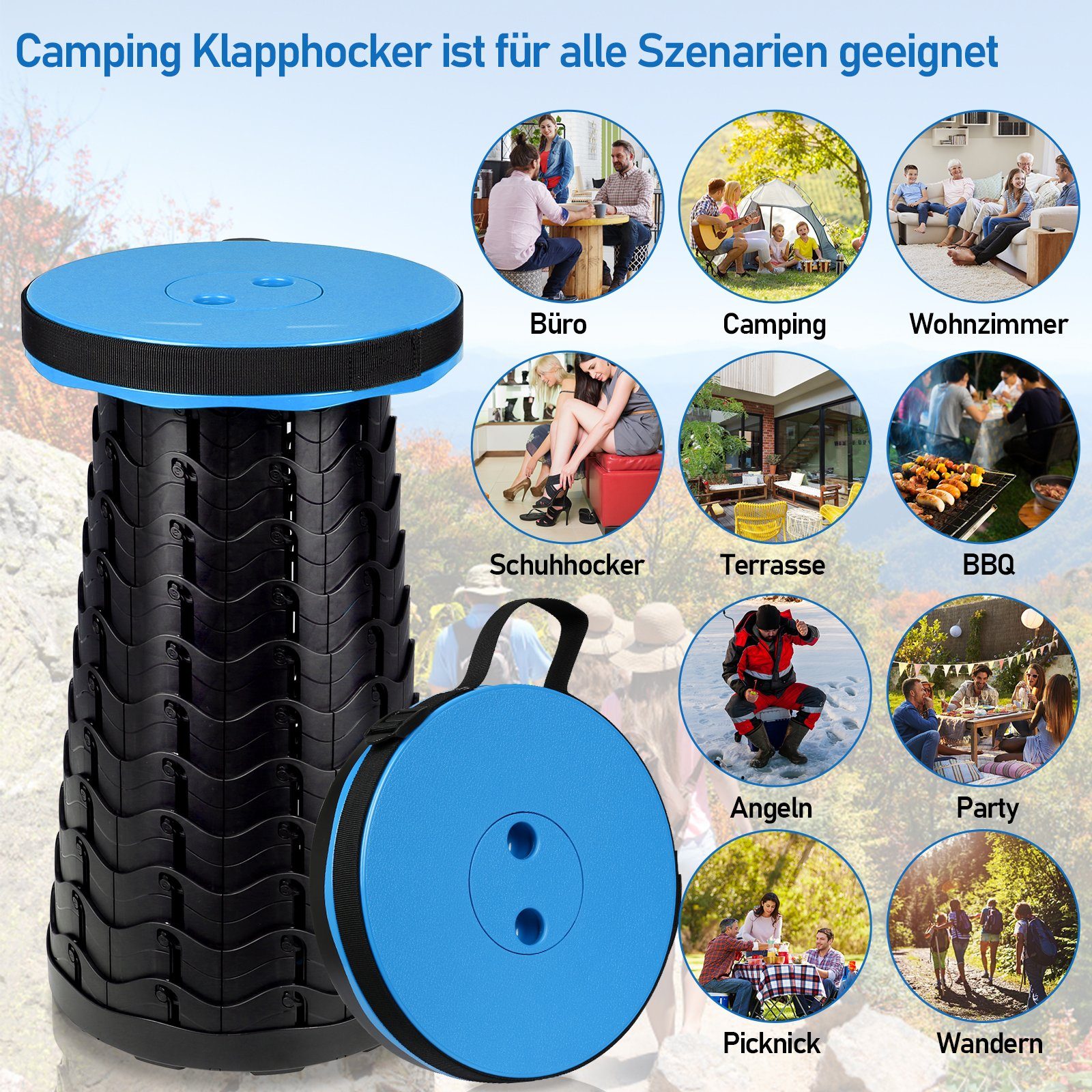 TolleTour Klappstuhl Tragbarer Klappstuhl Klapphocker Hocker Sitz Teleskop Faltbar Blau