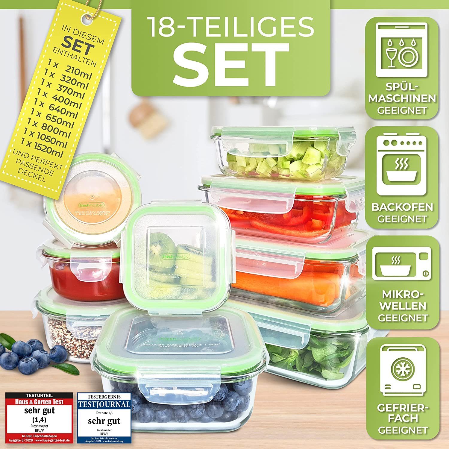 Fresh Master Frischhaltedose 18 tlg. Glas Vorratsdosen Set, Borosililatglas, (Set)