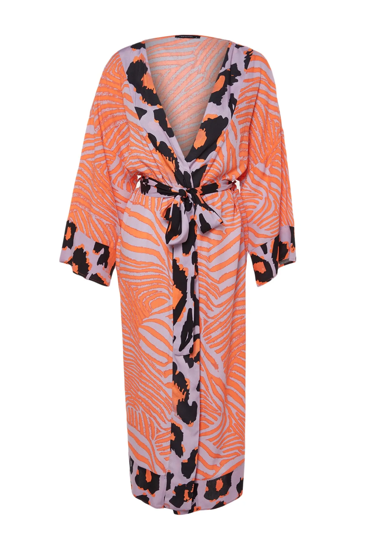 Trendyol Collection  Gewebter Maxi-Kimono und Kaftan mit Tiermuster und Gürtel TBESS21KM0171