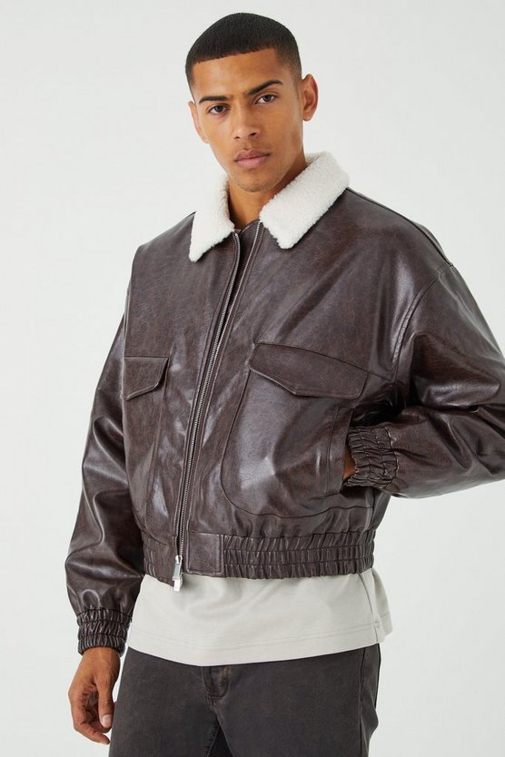 Kastige PU-Fliegerjacke mit Borg-Kragen