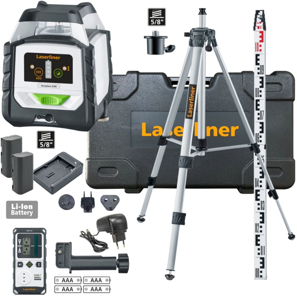 Laserliner 052.555A DuraPlane G360 RX Horisontal 360-graders grønn linjelaser med RangeXtender G60-mottaker, CrossGrip-klemme, 175 cm stativ og 3 m nivelleringsstang