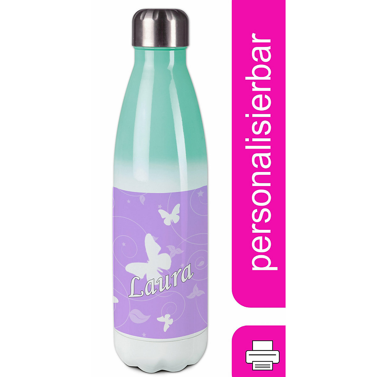 Edelstahl Kinder Thermoflasche / Trinkflasche bunt Schmetterling Ornamente Farbe flieder Spülmaschinenfest, Auslaufsicher, Bruchfest, Doppelwandig, Für Heißgetränke geeignet, Mit Deckel, Isoliert