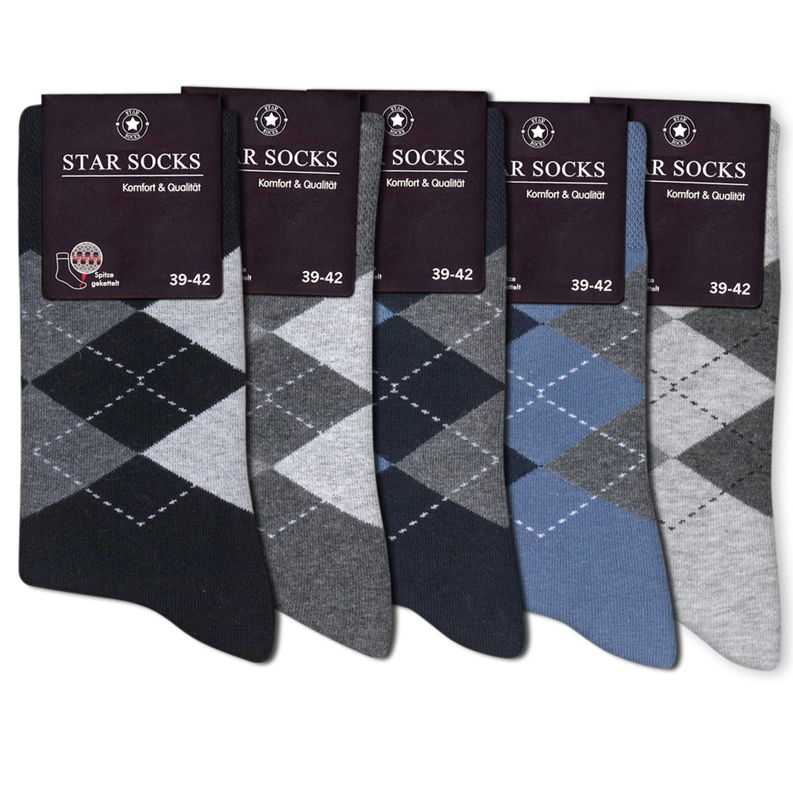 Die Sockenbude Freizeitsocken JACQUARD (Bund, 5-Paar, schwarz grau blau) mit Komfortbund ohne Gummi