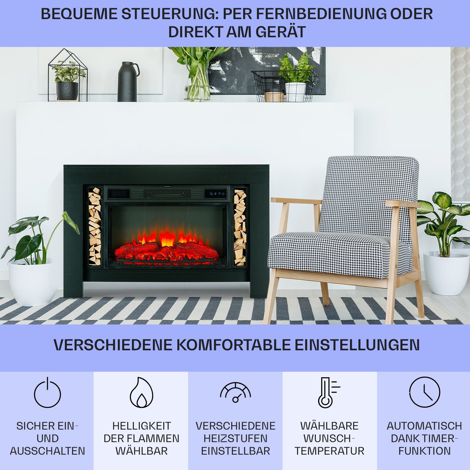Klarstein Elektrokamin Studio Loft 2 Elektrokamin, elektrischer Kaminofen mit Heizung LED-Beleuchtung, Timer Schwarz