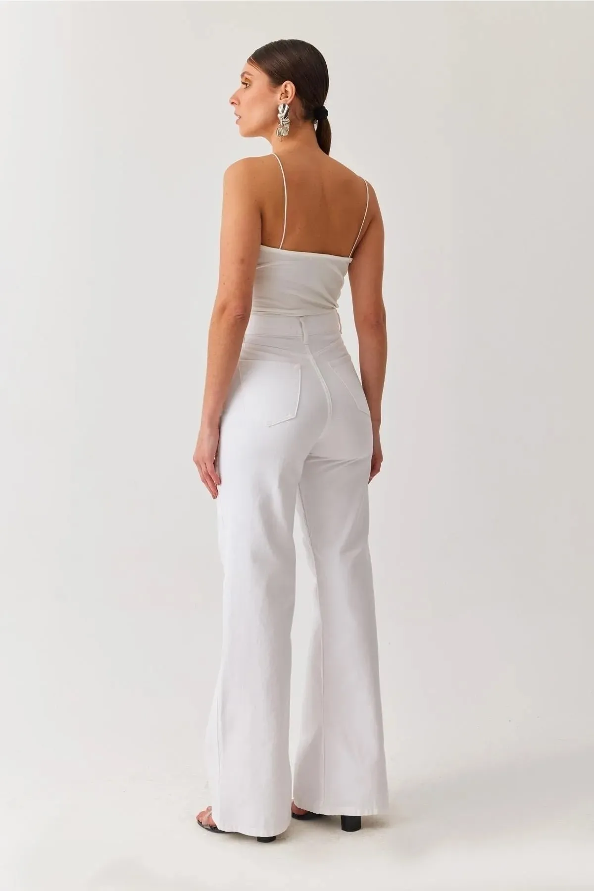 LİMABEL  Weiße Palazzo-Hose mit hoher Taille und weitem Bein, Jeans mit weitem Bein