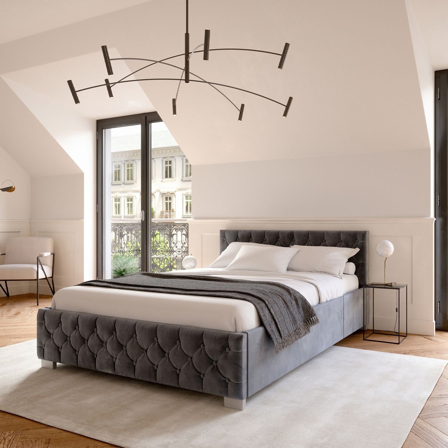 Juskys Polsterbett Nizza, Bettkasten, LED Licht, Chesterfield Steppung, Samtbezug