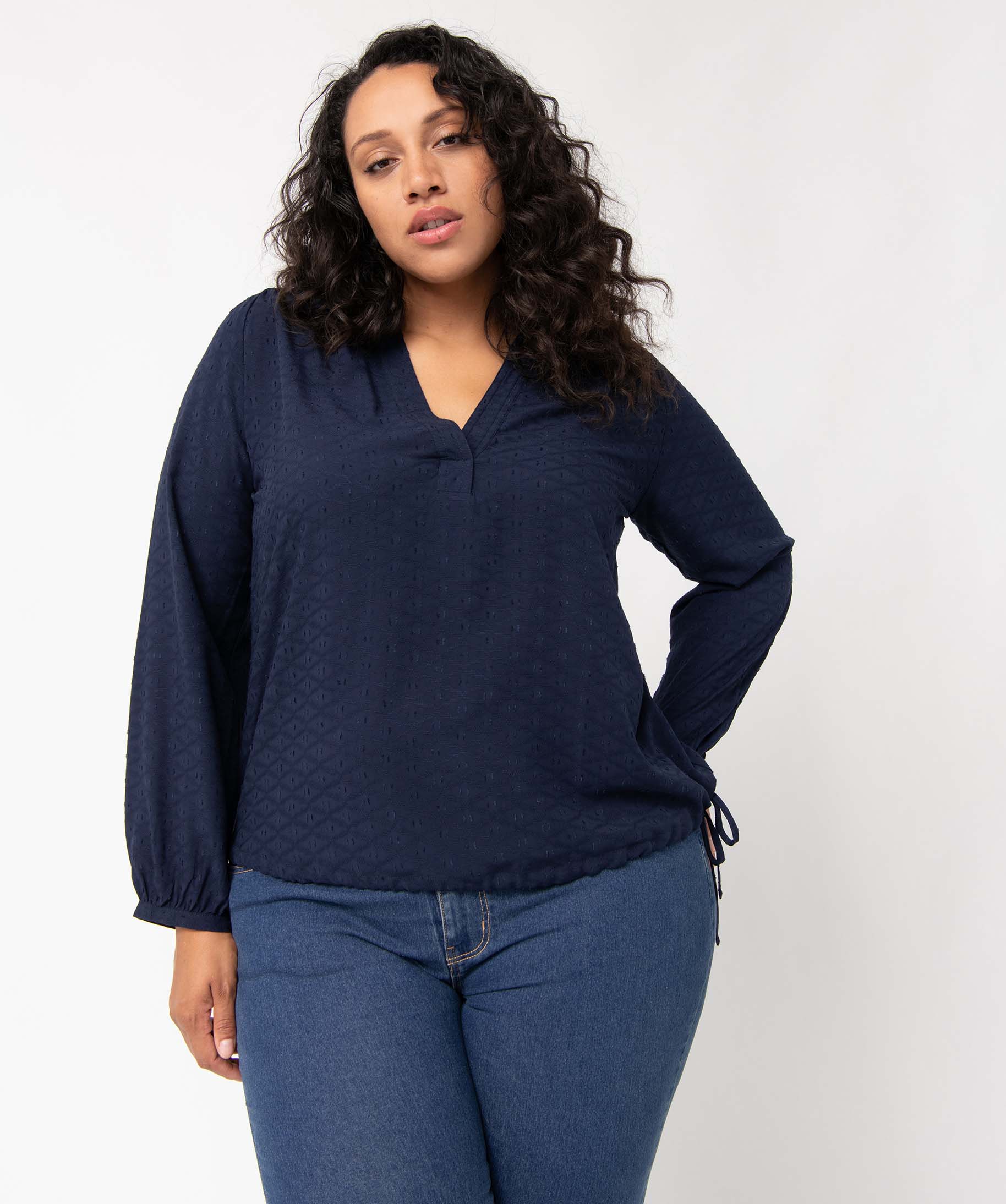 Blouse femme grande taille unie ajustable dans le bas marine | GEMO