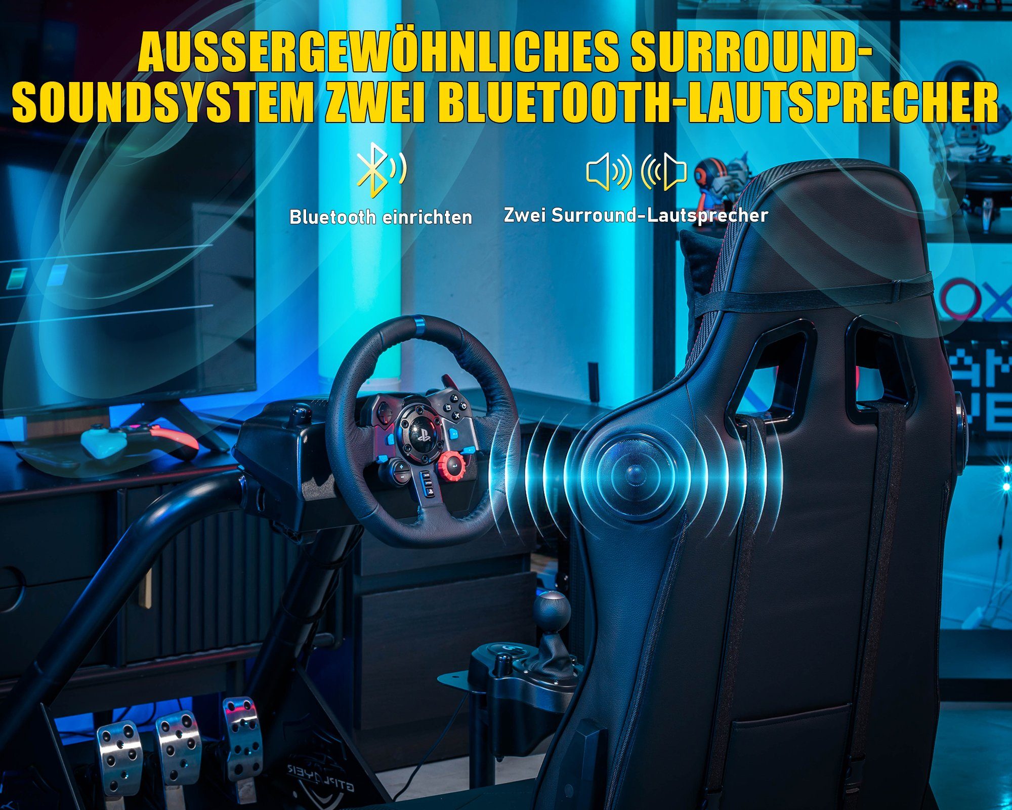GTPLAYER Gaming-Stuhl Gamer Stuhl Simulator Cockpit, sim racing cockpit racing wheel stand, mit Bluetooth-Lautsprecher und allem auf den Bildern gezeigten Zubehör