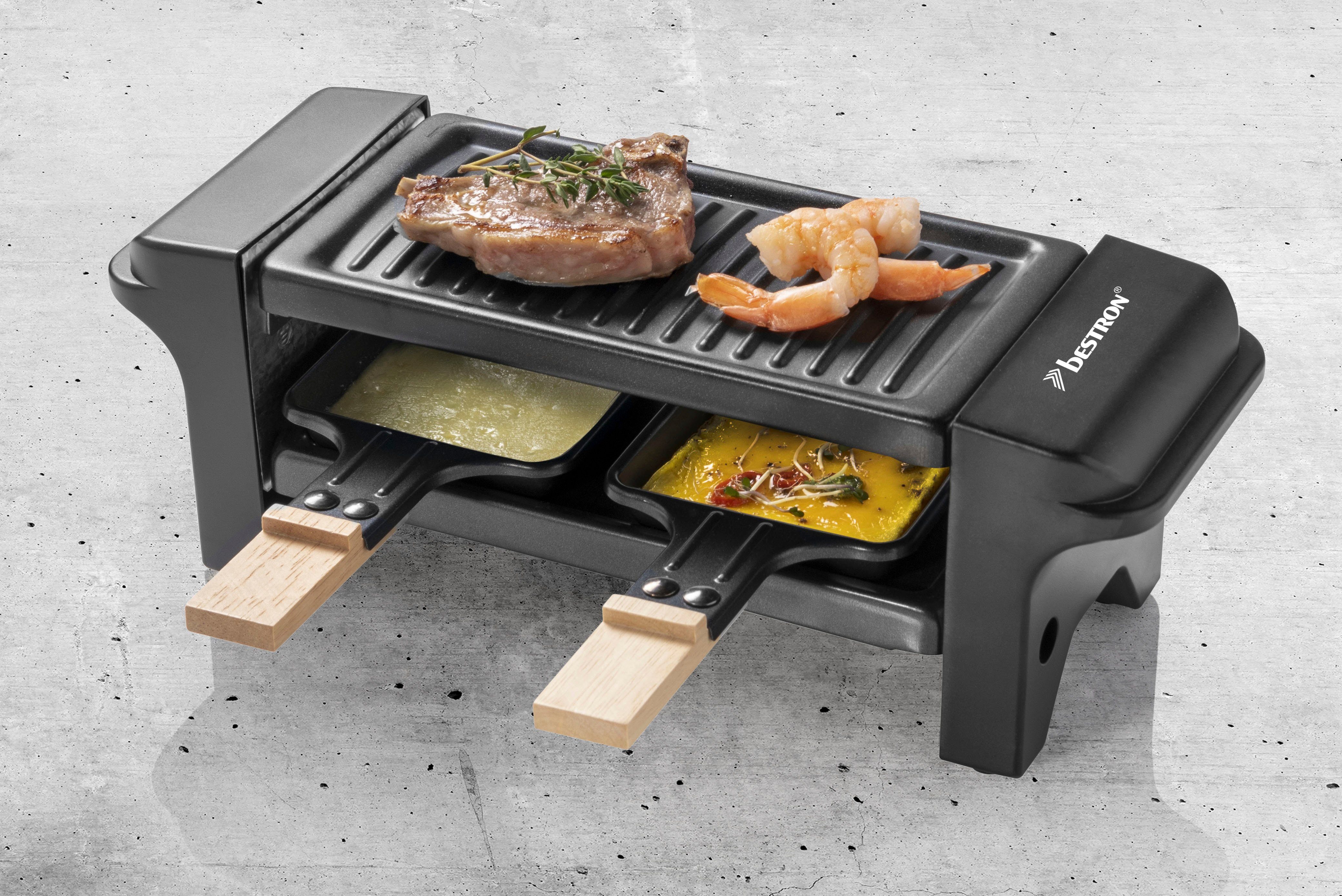 bestron Raclette Mini Tischgrill, 2 Raclettepfännchen, 350 W, für 1 bis 2 Personen, mit zwei Holzschabern & zwei Untersetzern