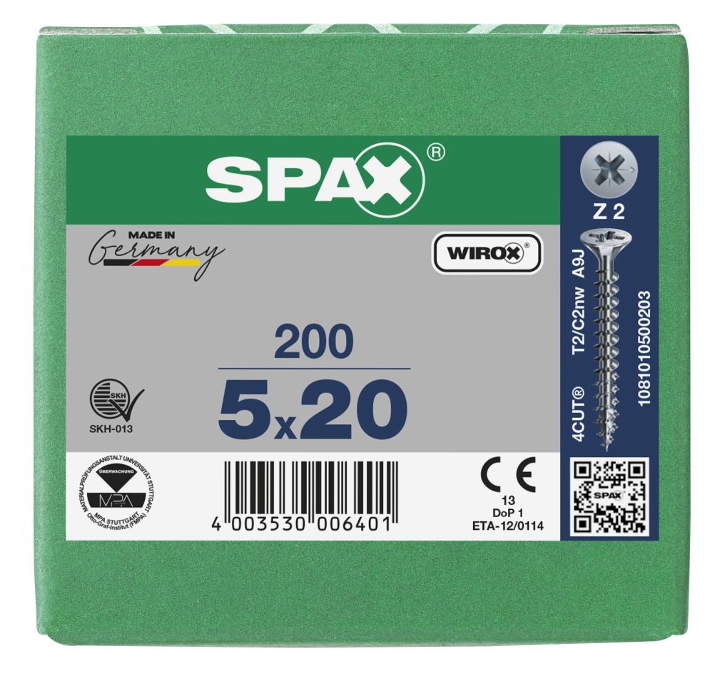 SPAX 1081010500203 Vite universale 5 x 20 mm, filettatura completa, testa svasata, testa Phillips Z2 - 200 pezzi