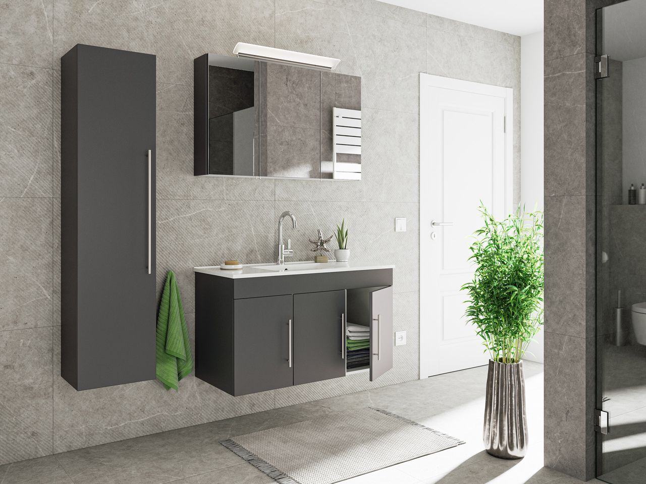 Posseik Badmöbel-Set Teramo 100 cm (3-teilig) anthrazit seidenglanz EEK: F