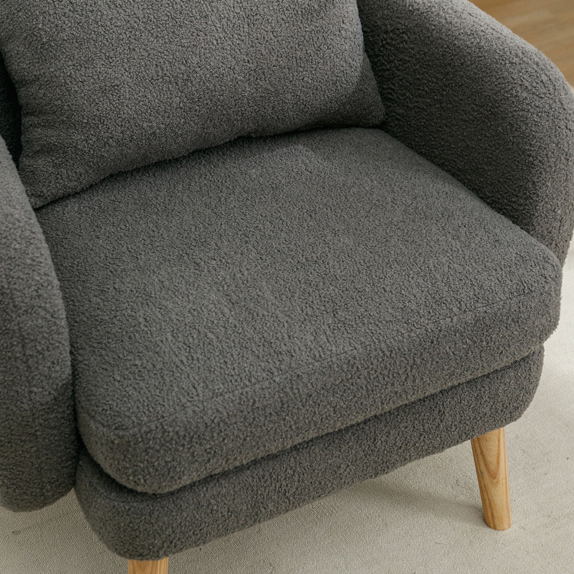 OKWISH Sessel Polstersessel Armlehnensessel Freizeitsessel Einzelsessel Loungesessel (mit Kissen, Sessel mit extra dickem Kissen, Beine aus Massivholz), Moderner, schlichter Teddy-Samtstuhl