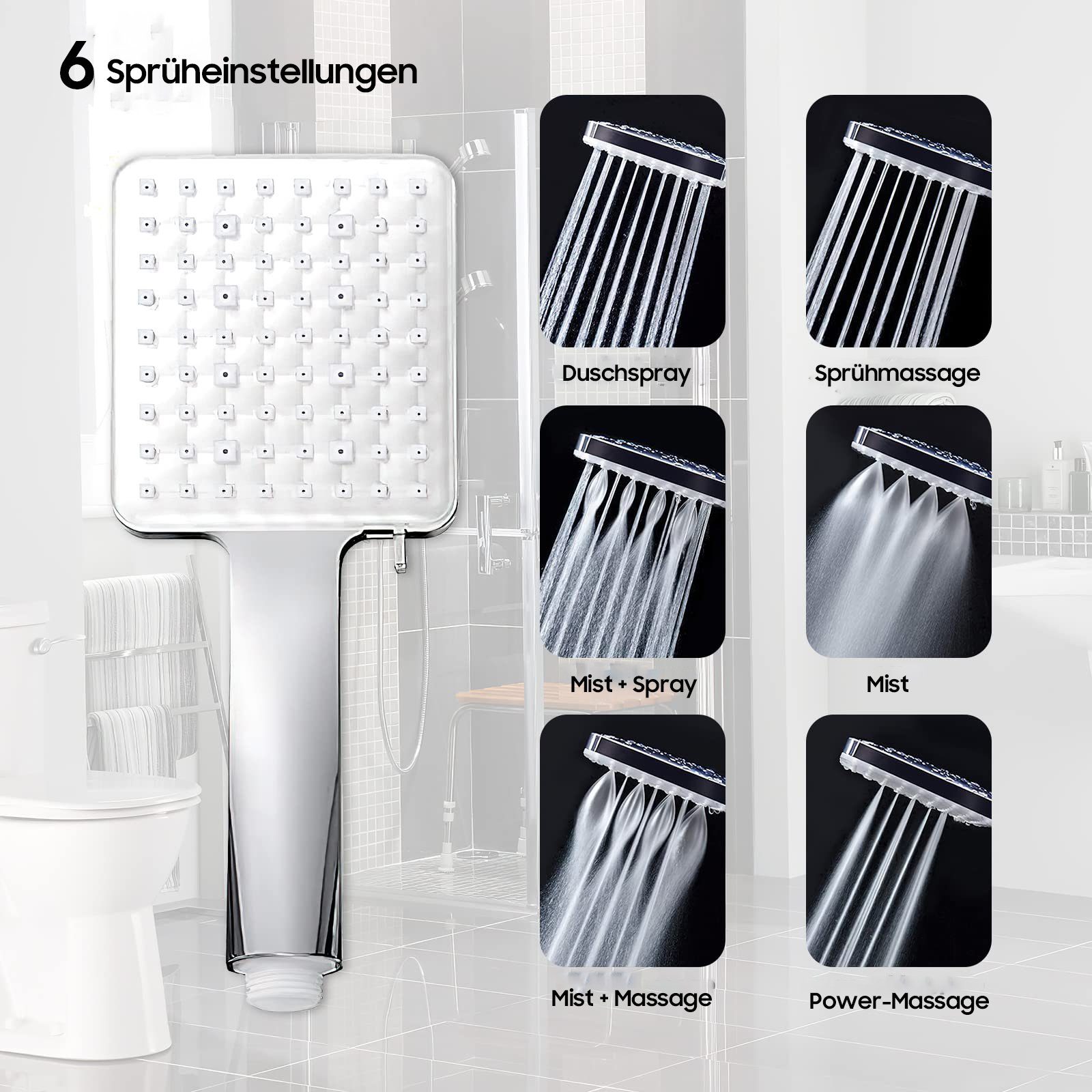 Aoucheni Handbrause Wassersparender Handbrausen Duschkopf mit Schlauch 1,5M, 6 Strahlarten