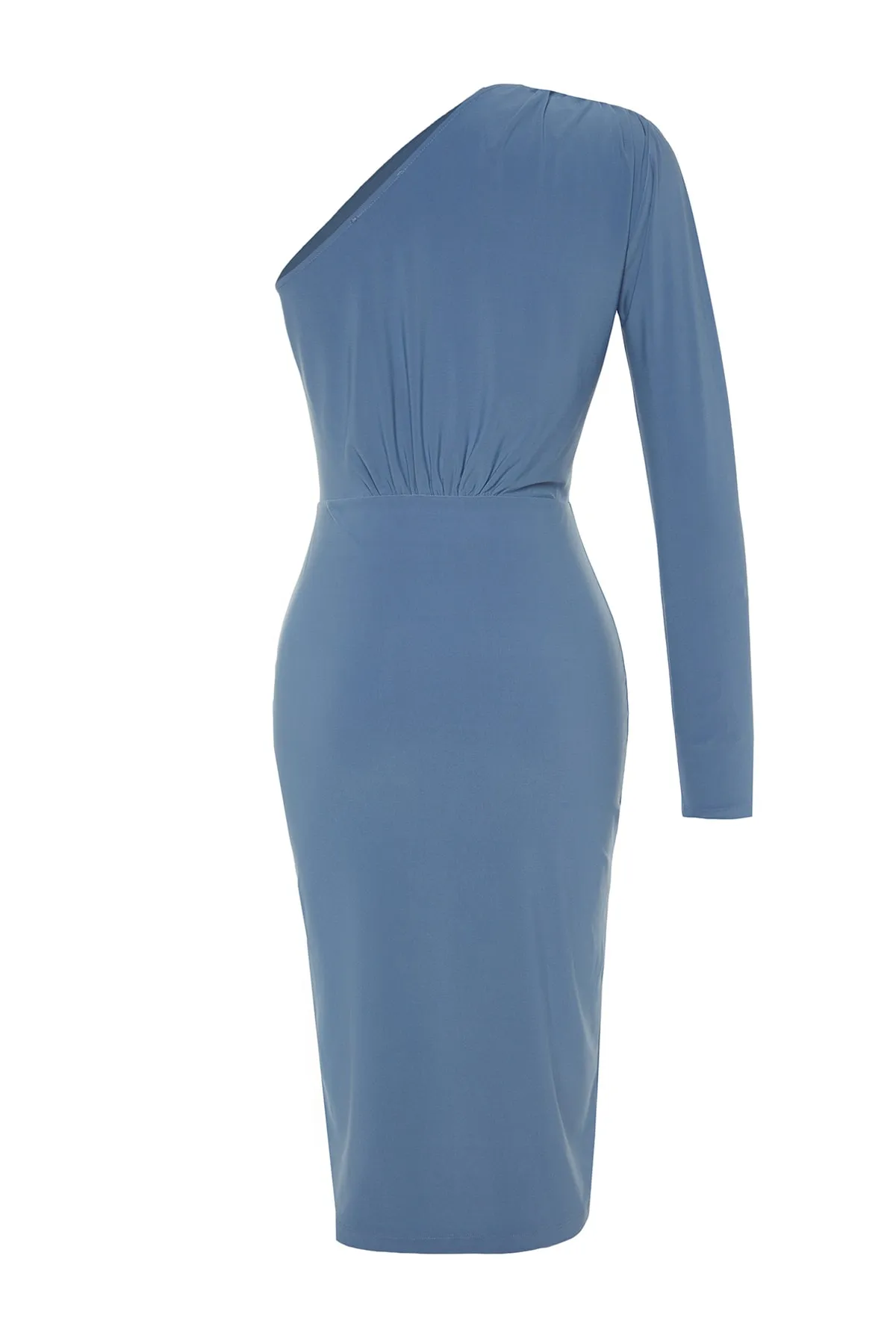Trendyol Collection  Blaues, drapiertes, detailliertes One-Shoulder-Midi-Strickkleid mit Stretch TWOAW24EL00123