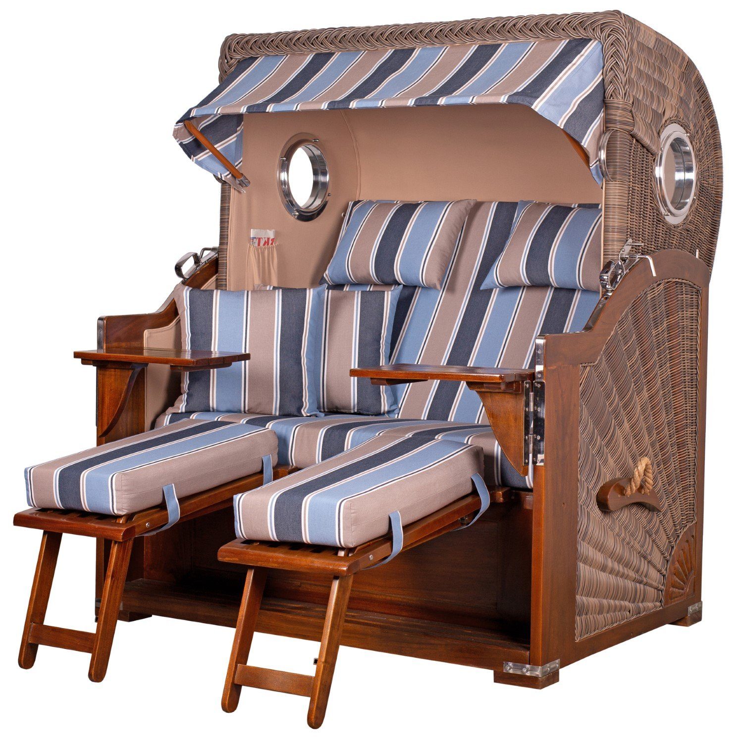 bene living Strandkorb Königssee 2-Sitzer Mahagoni - PE grau - Modell 580, BxTxH: 142x95x170 cm, Volllieger ca. 175 Grad, Ostsee-Strandkorb Komplettset, inkl. Liftersystem und Bullaugen