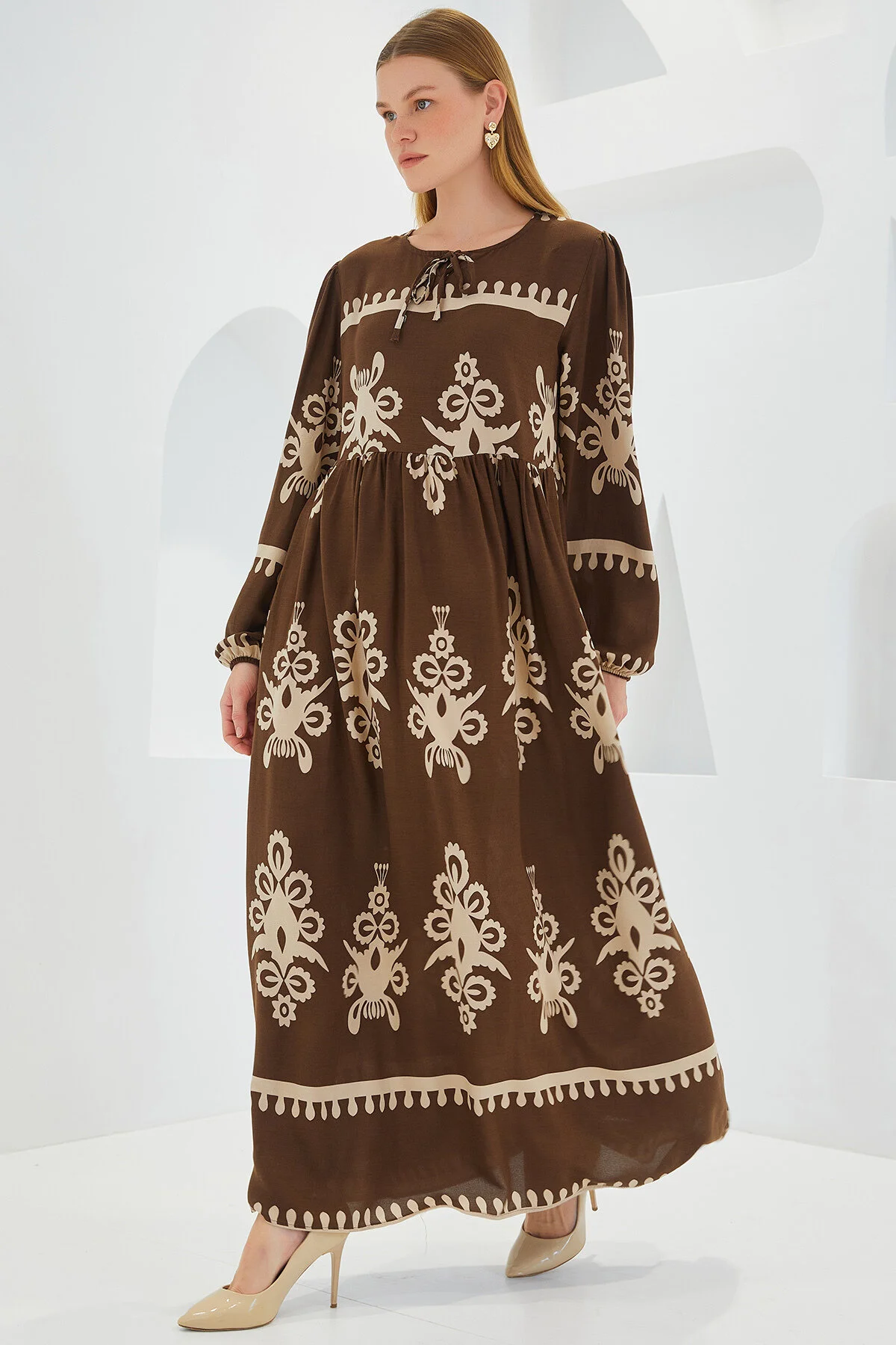 Bigdart  Langes Viskosekleid 1947 in Braun/Creme für Damen