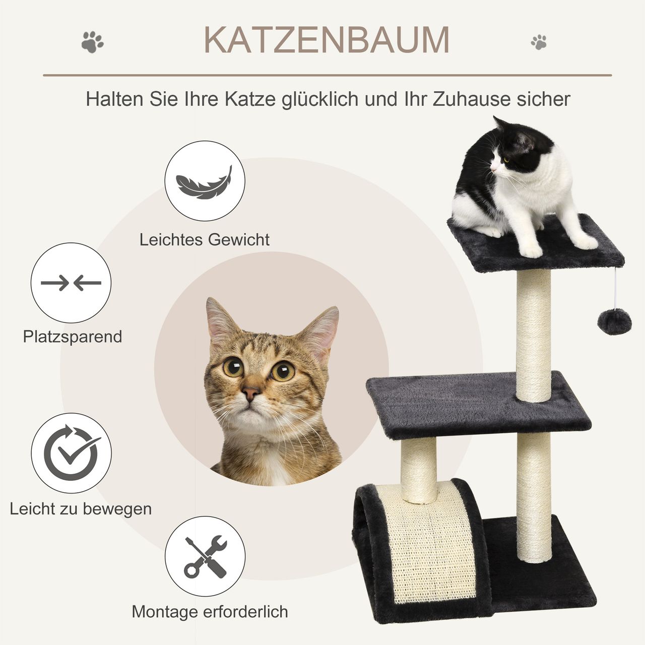 PawHut Kratzbaum mit Kratzbrett Katzenbaum Kletterbaum für Katzen E1 MDF Sisal Plüsch Dunkelgrau 40 x 35 x 72 cm