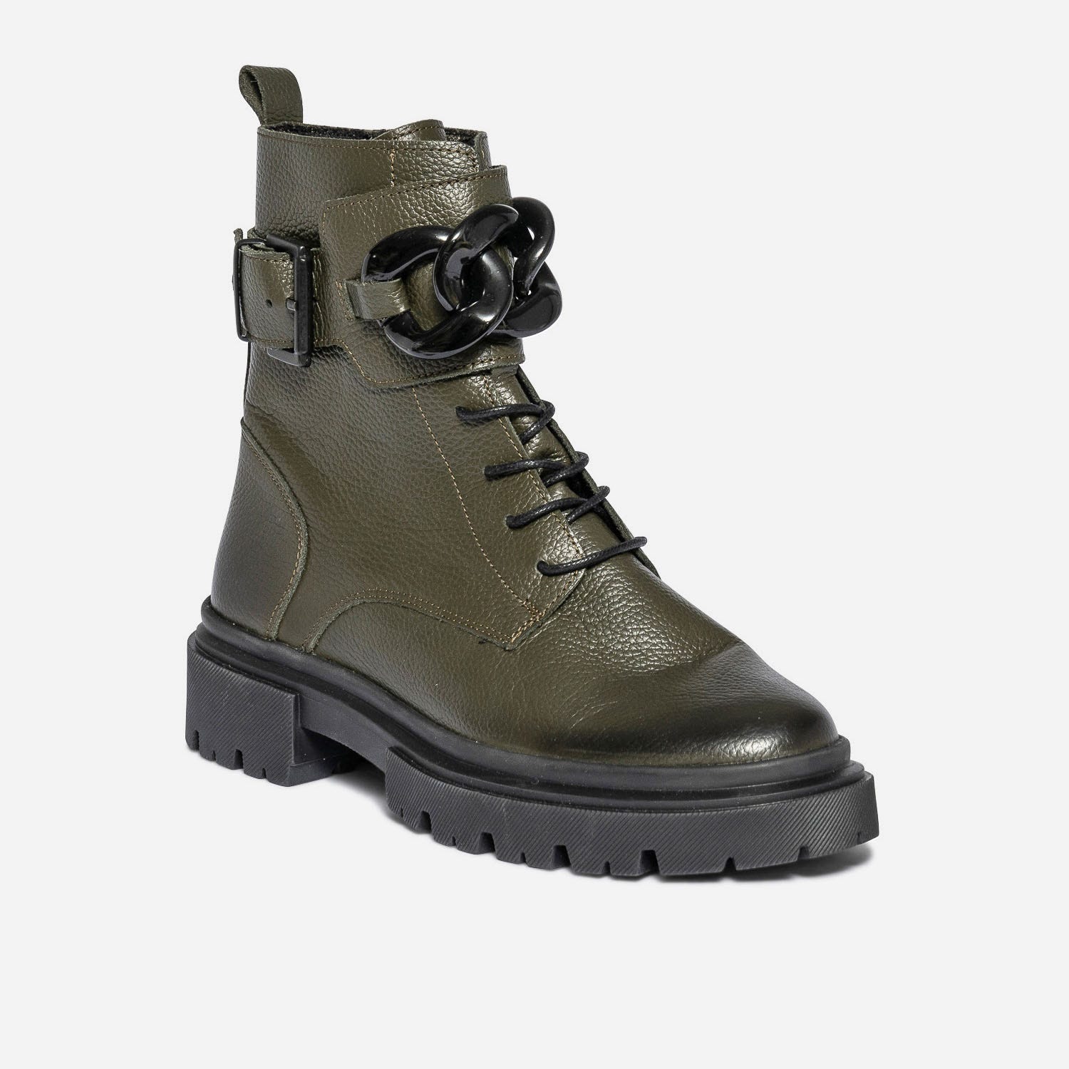 Bottine TEXTO kaki en cuir avec maxi chaîne
