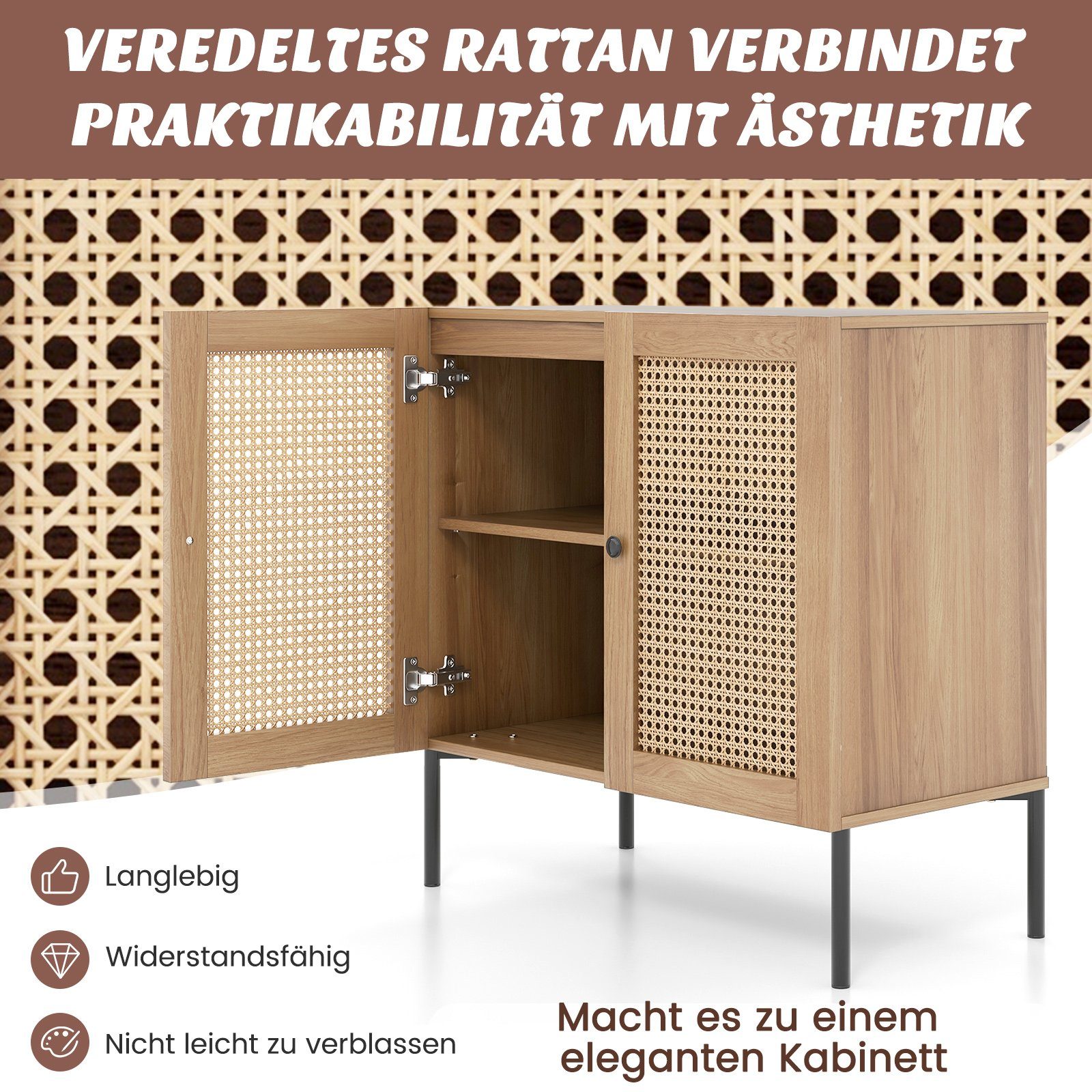 COSTWAY Sideboard, mit Arbeitsplatte, Rattantüren&verstellbarem Regal, 80cm
