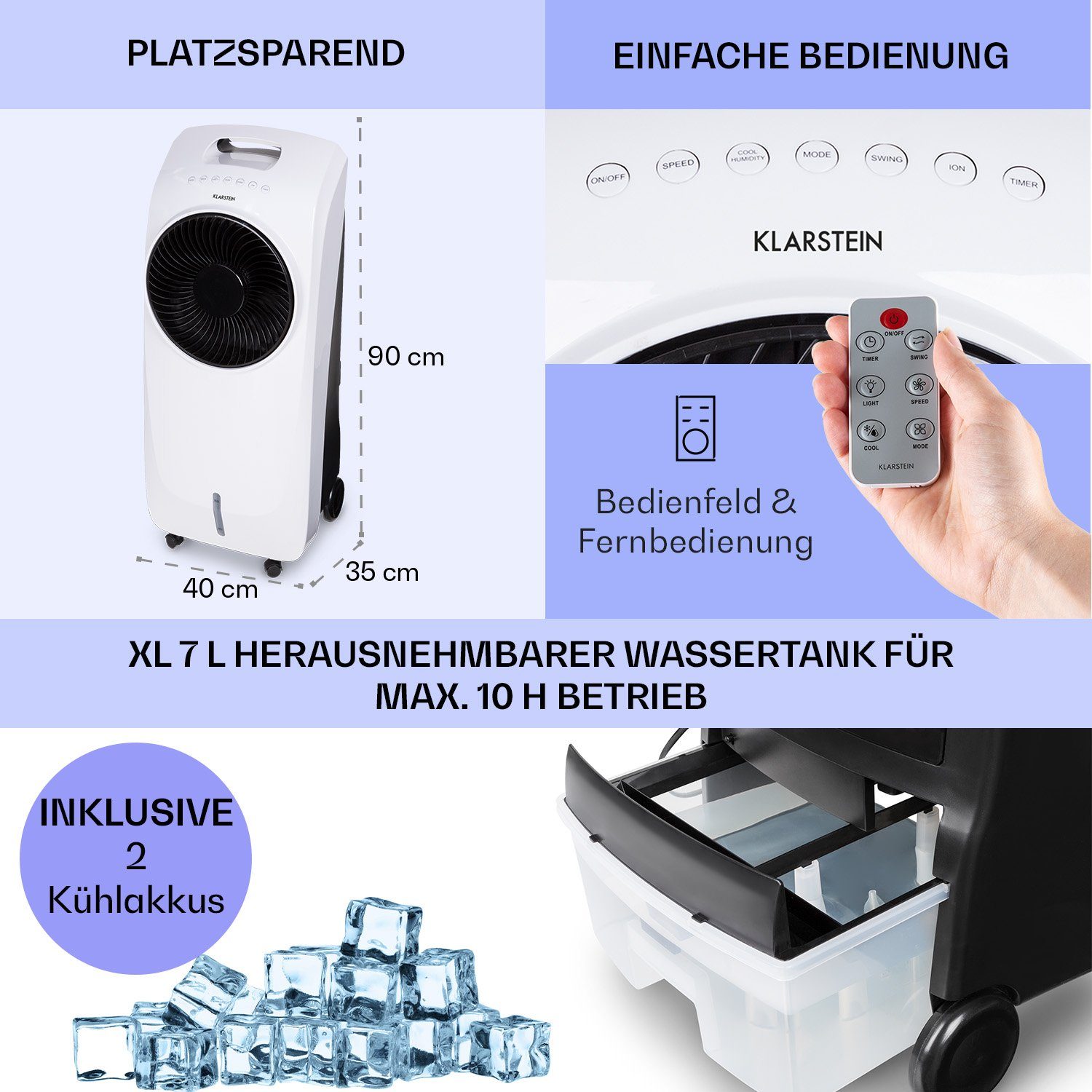Klarstein Ventilatorkombigerät Rotator 4-in-1 Luftkühler, mit Wasserkühlung & Eis mobil Luftkühler ohne Abluftschlauch